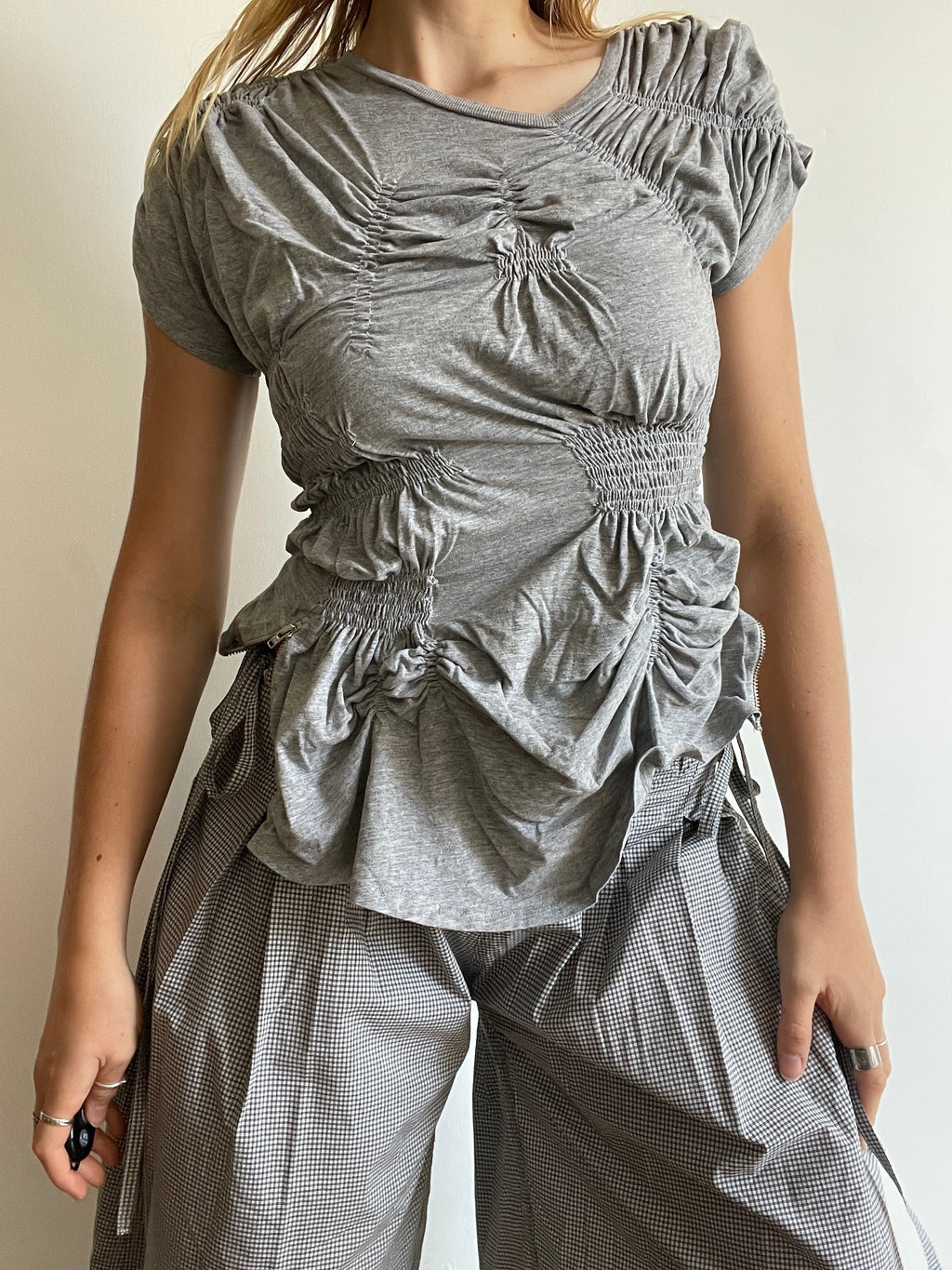 grey reworked elasticated ruched slinky t shirt