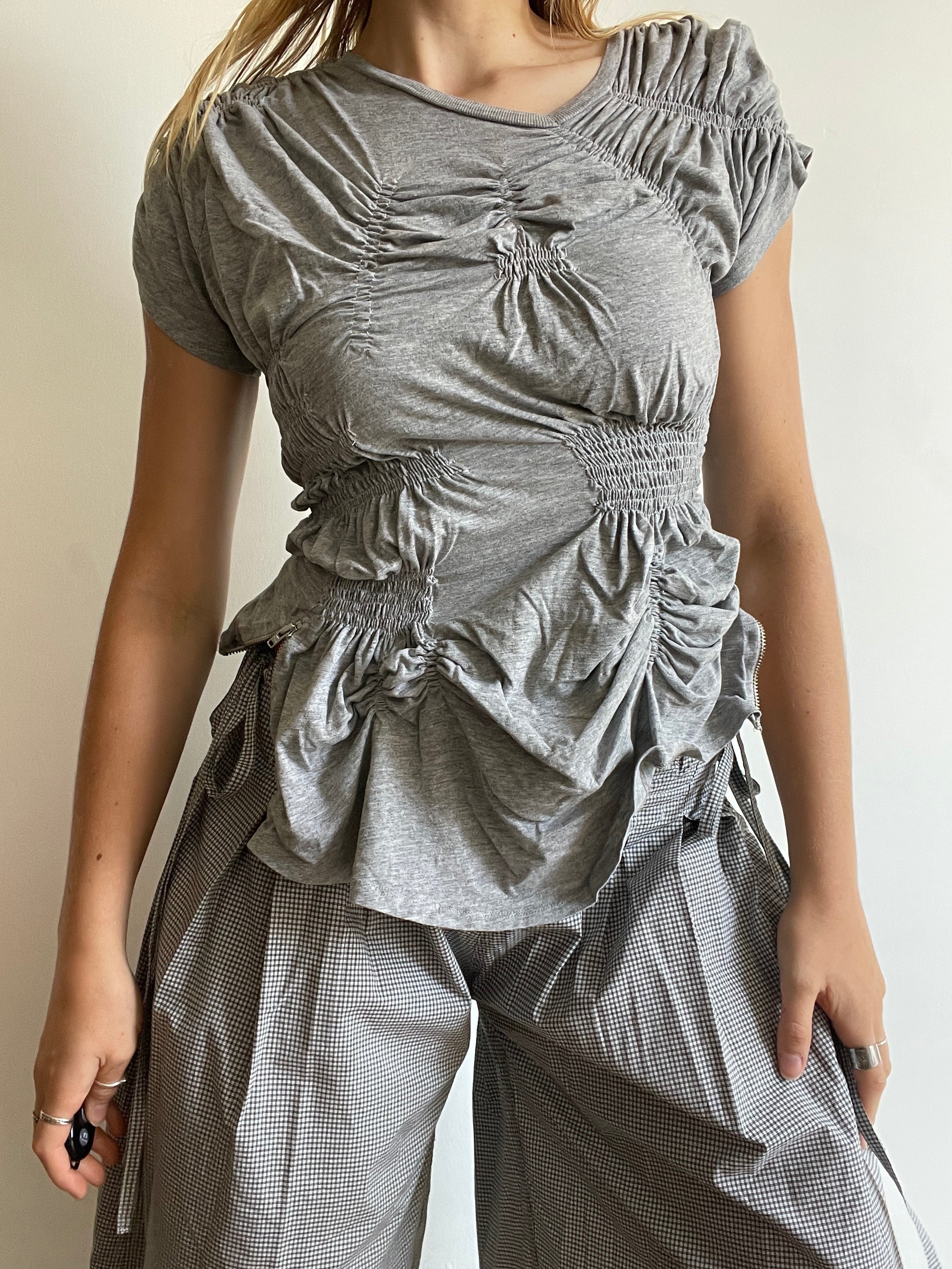 grey reworked elasticated ruched slinky t shirt