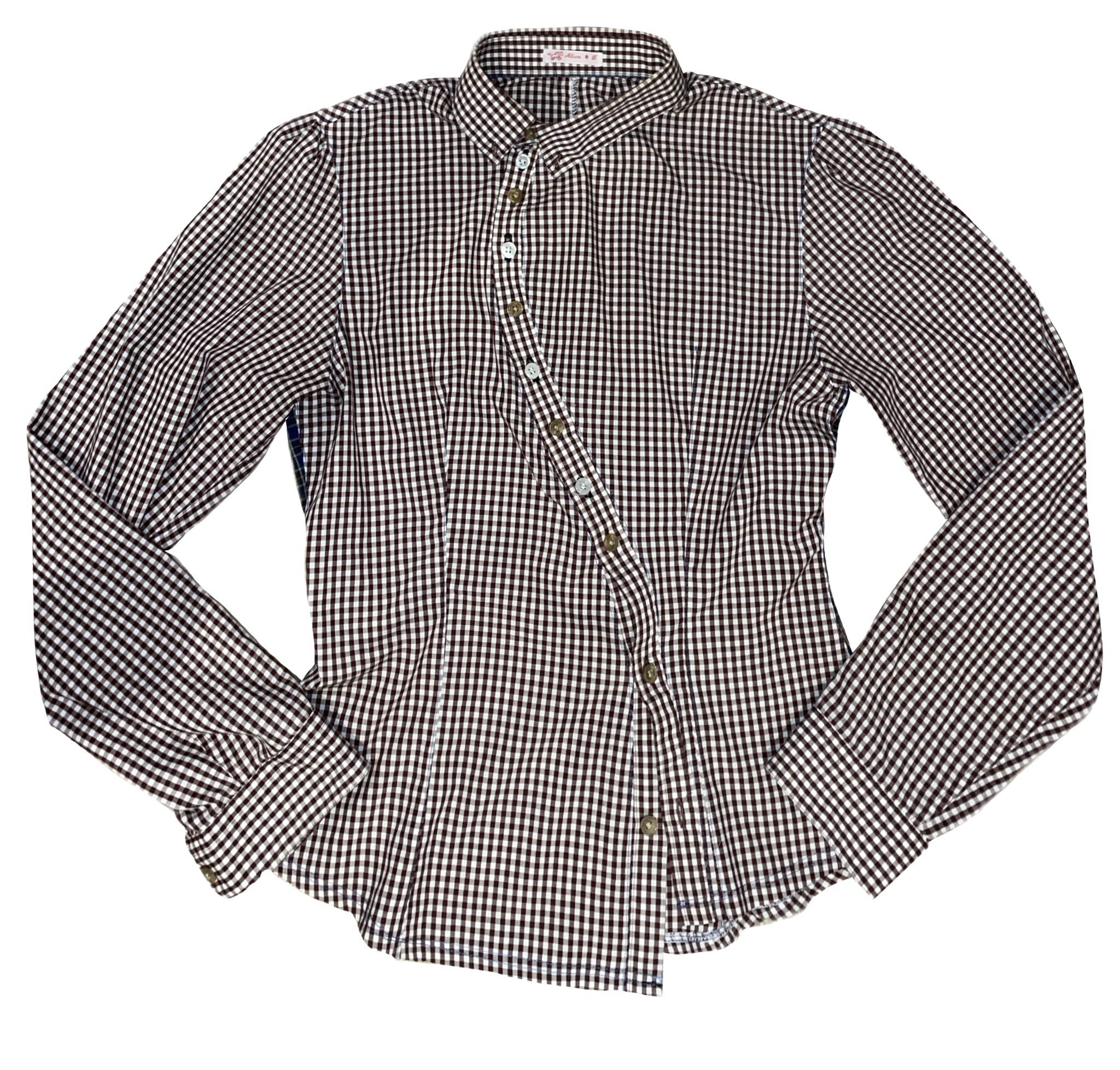 reworked asymetrical gingham burghundy long sleeve shirt