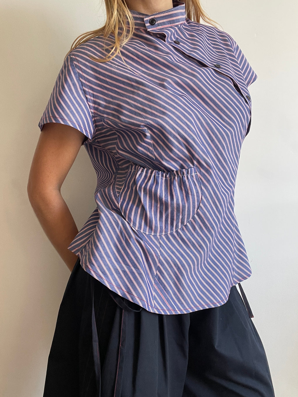 reworked striped pocket button up asymetrical shirt