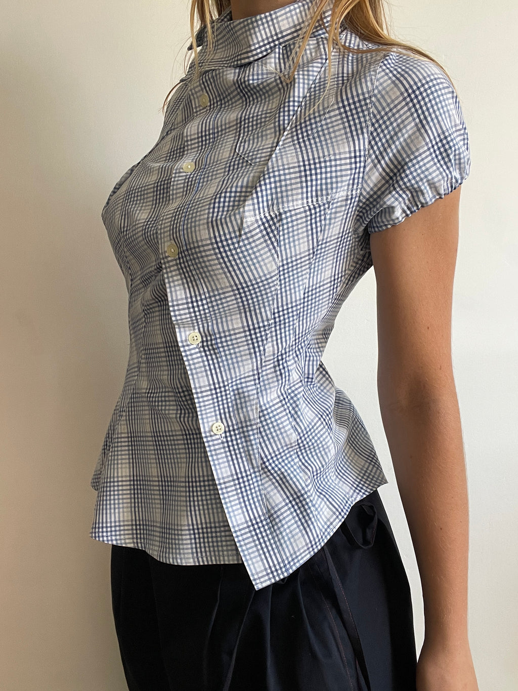reworked blue check puff sleeve asymetrical shirt