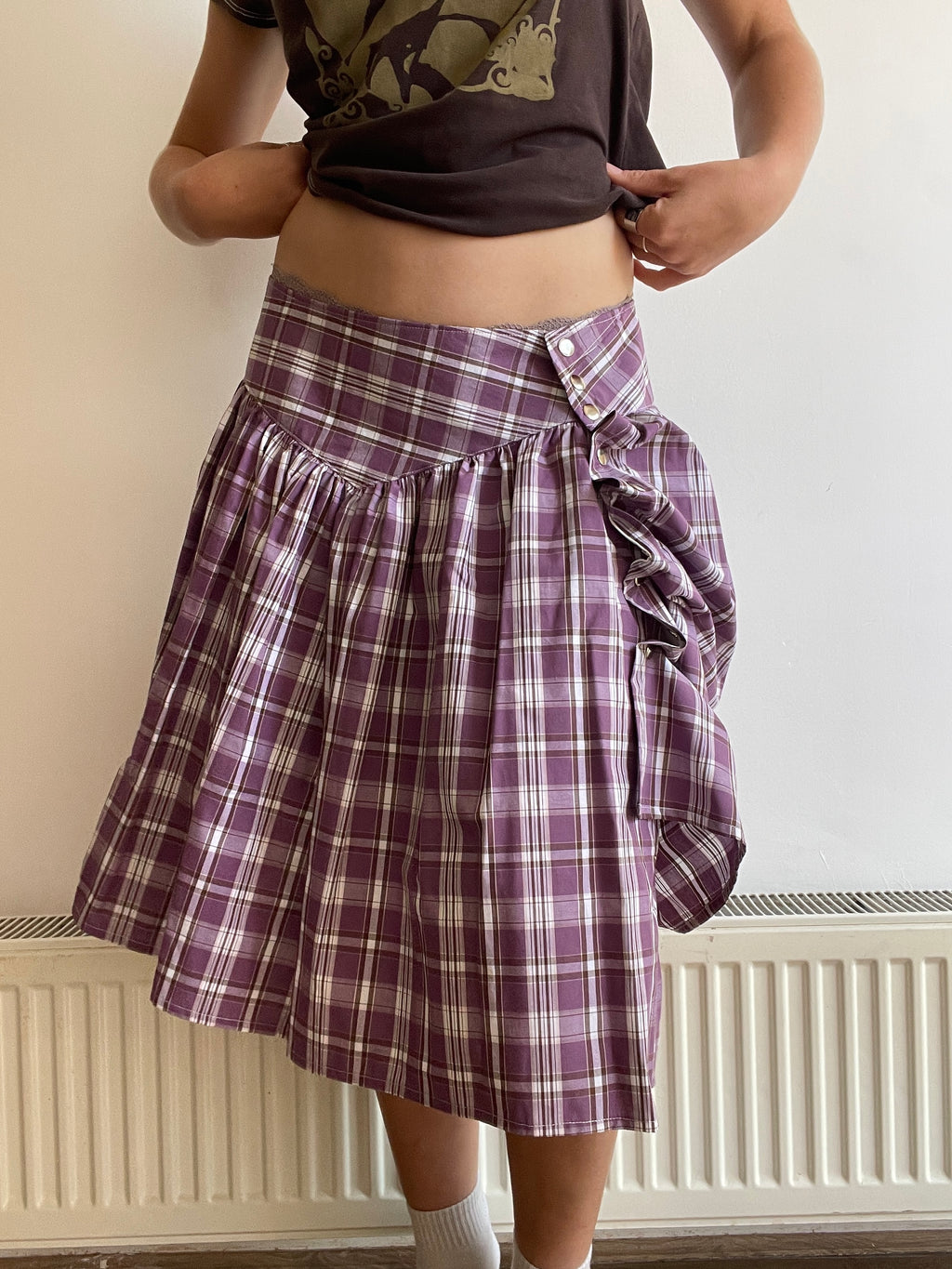 handmade metal popper button purple plaid gathered skirt
