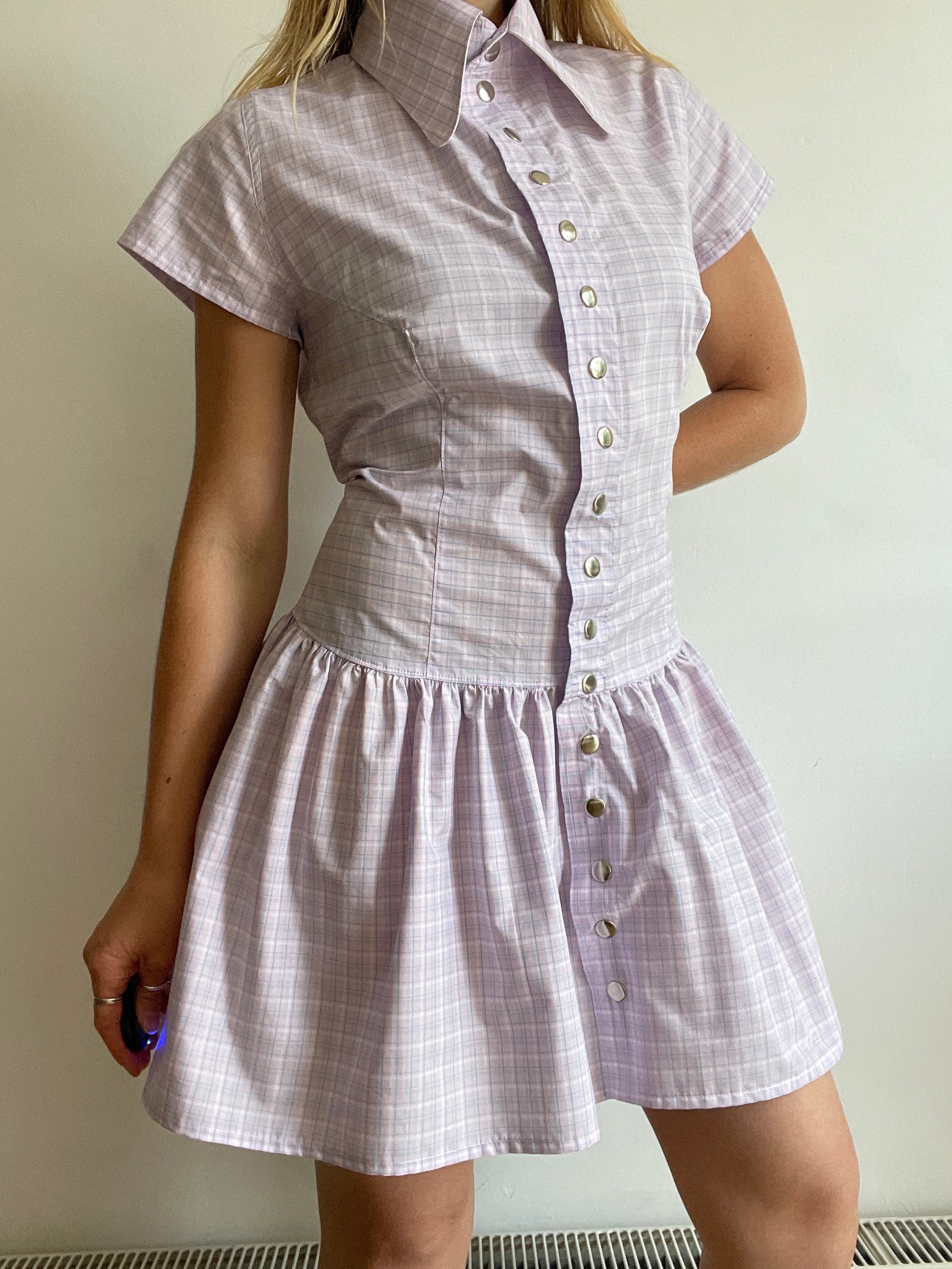 pink purple check snap button gathered drop waist dress with oversized collar