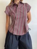 reworked asymetrical button up striped fitted shirt