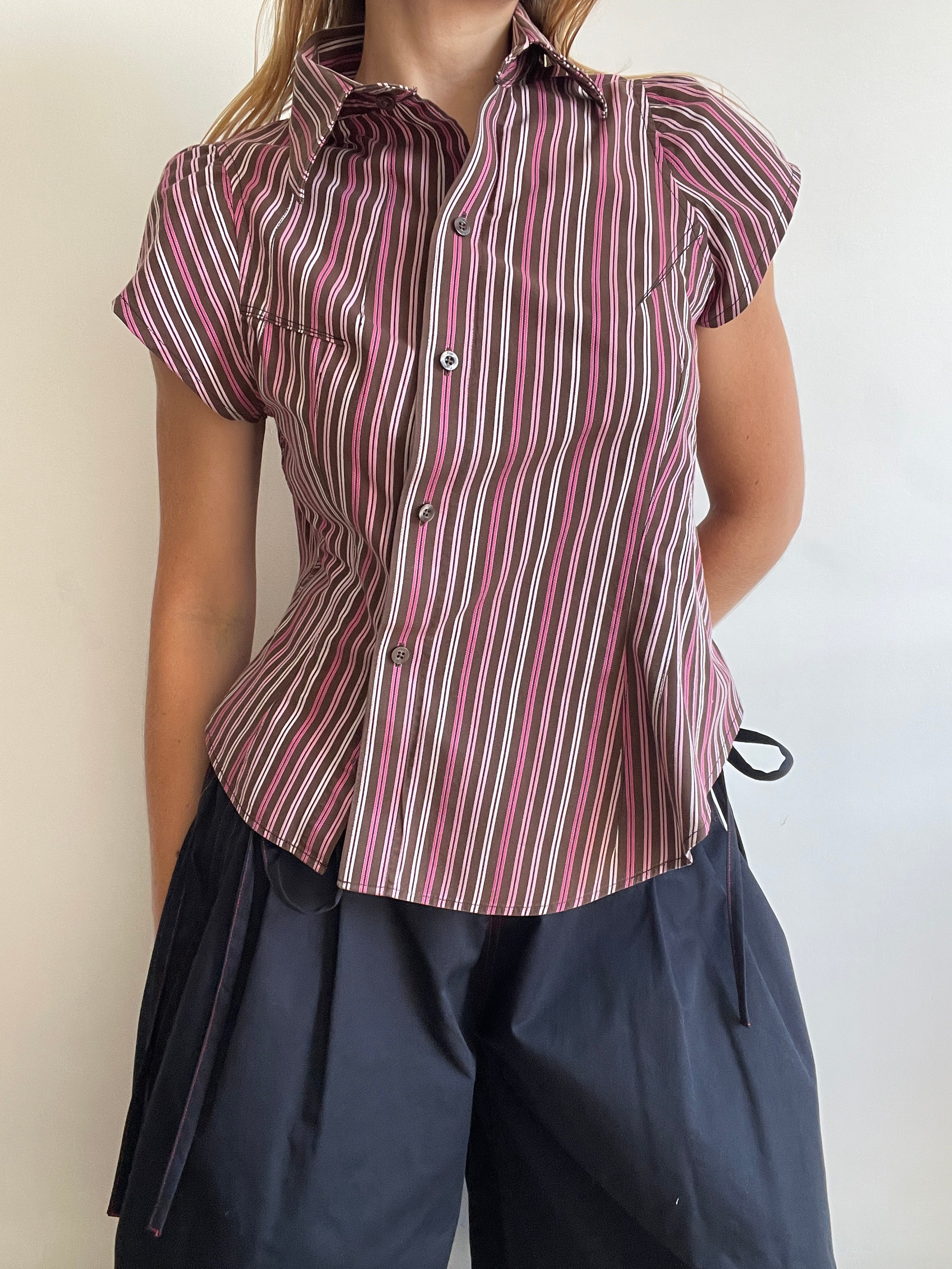 reworked asymetrical button up striped fitted shirt