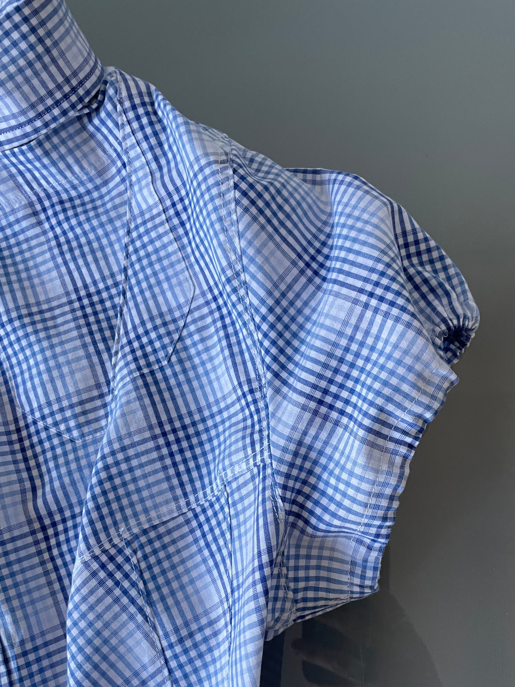 reworked blue check puff sleeve asymetrical shirt