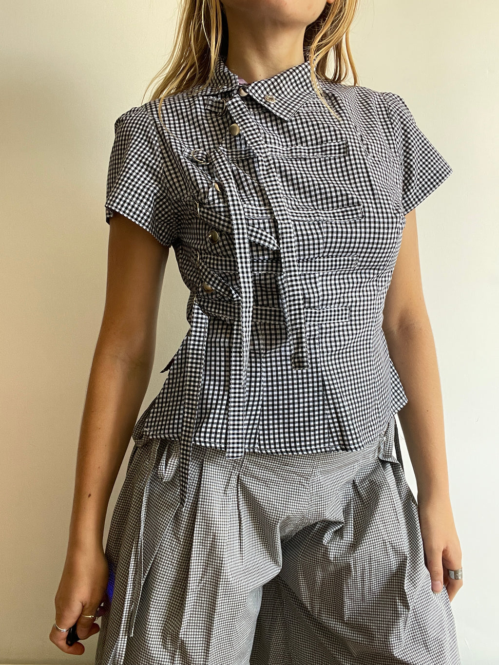 military style buckle asymetrical black gingham shirt