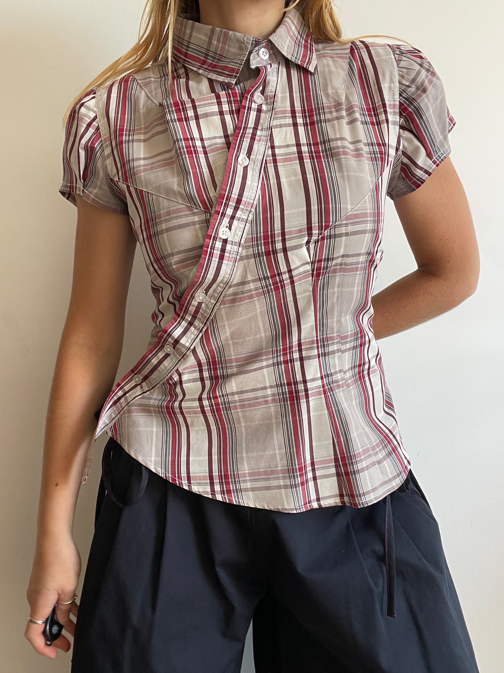 reworked asymetrical red beige checkered shirt