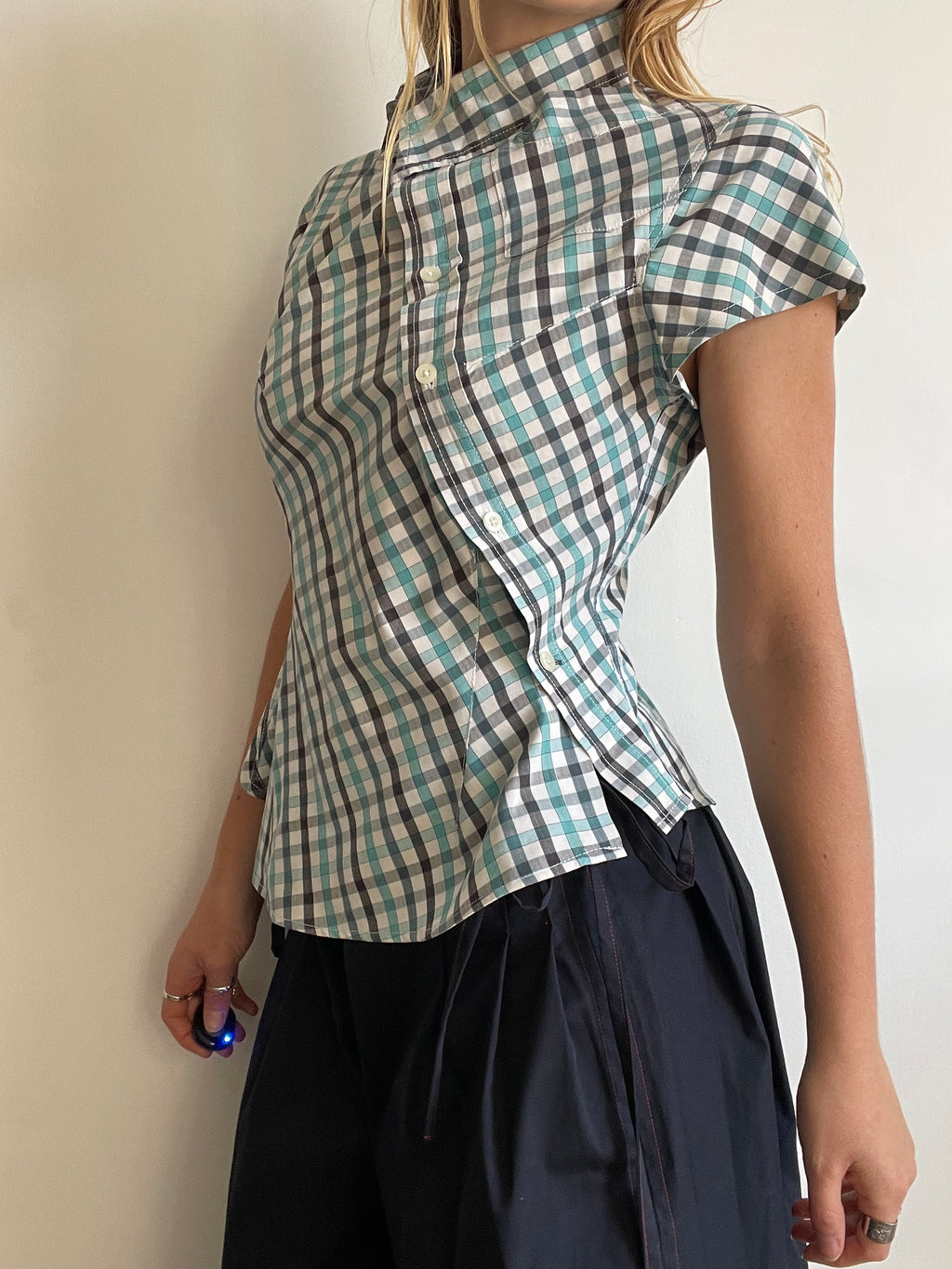 reworked blue black check fitted blouse