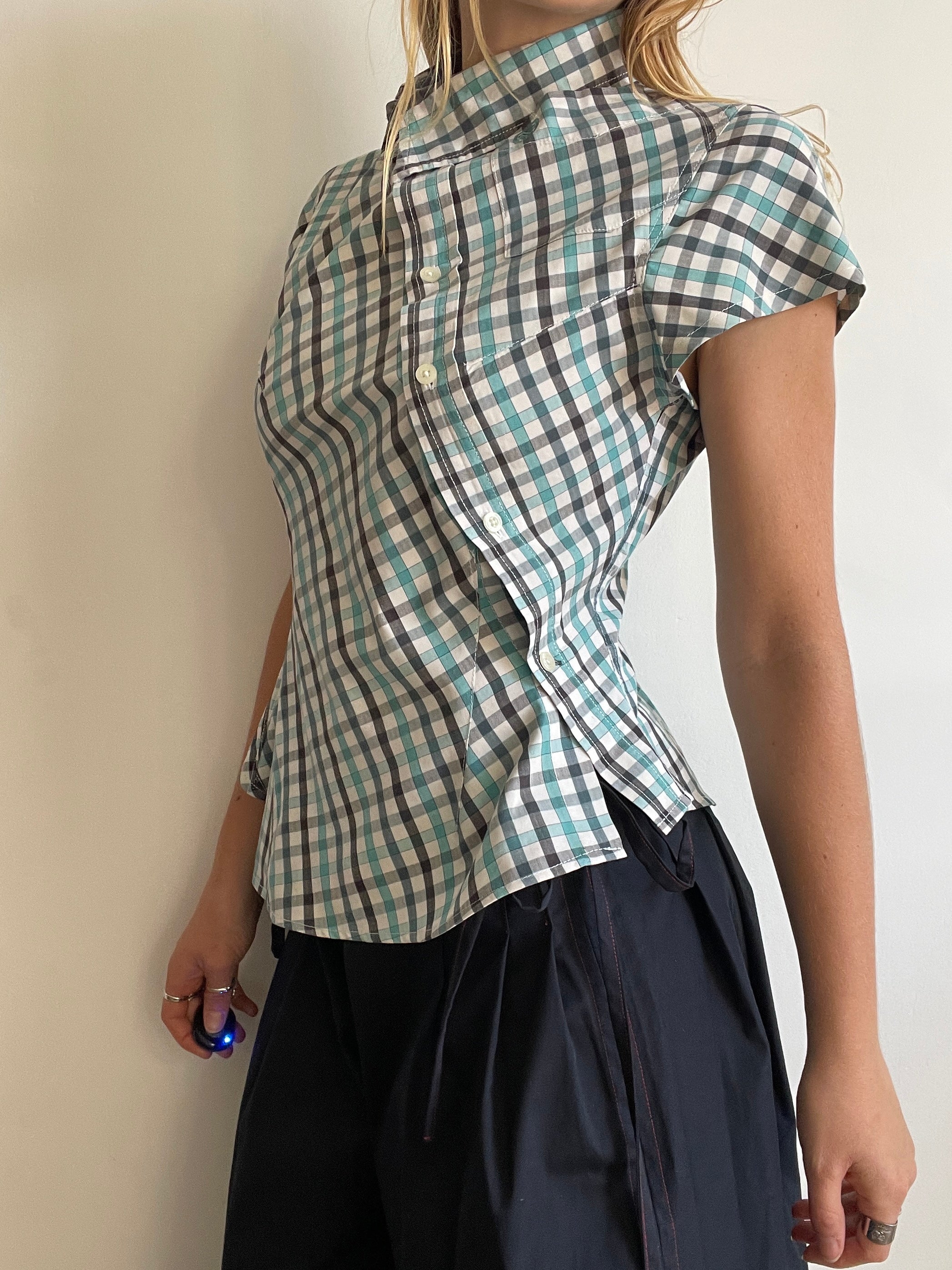 reworked blue black check fitted blouse