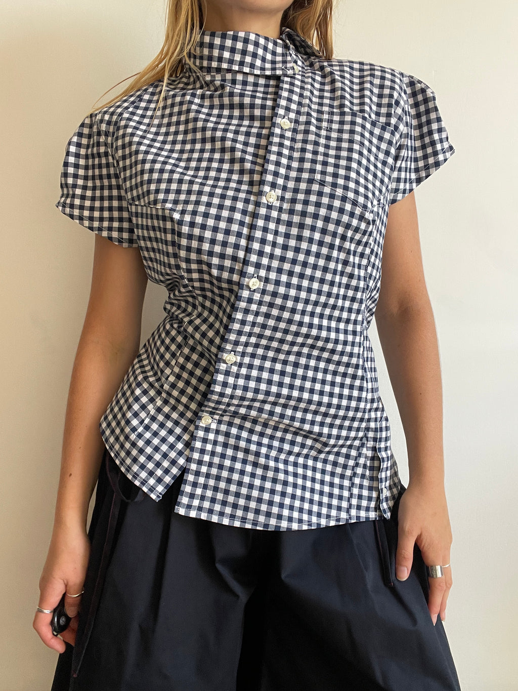 reworked asymetrical blue gingham fitted shirt