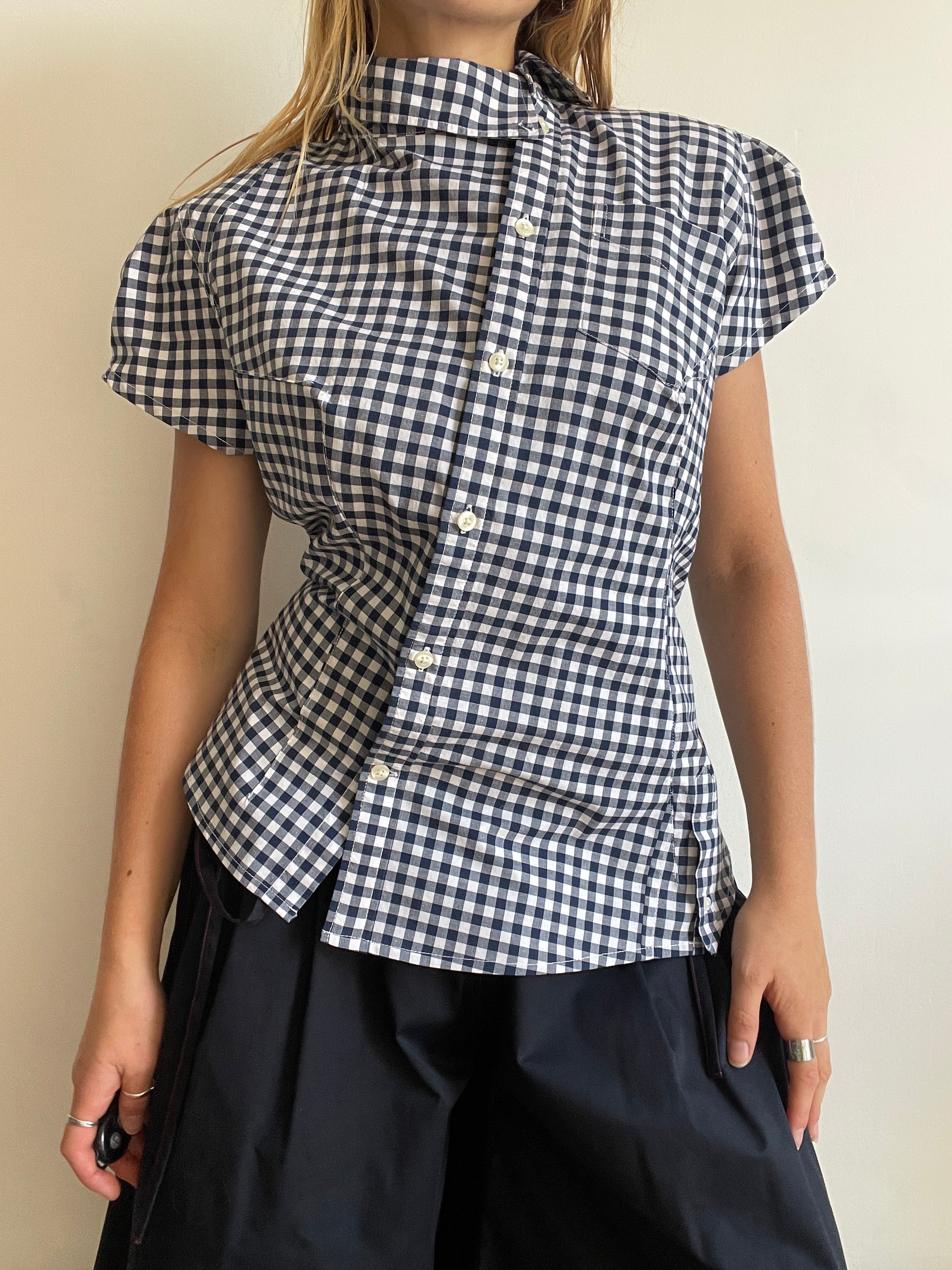 reworked asymetrical blue gingham fitted shirt