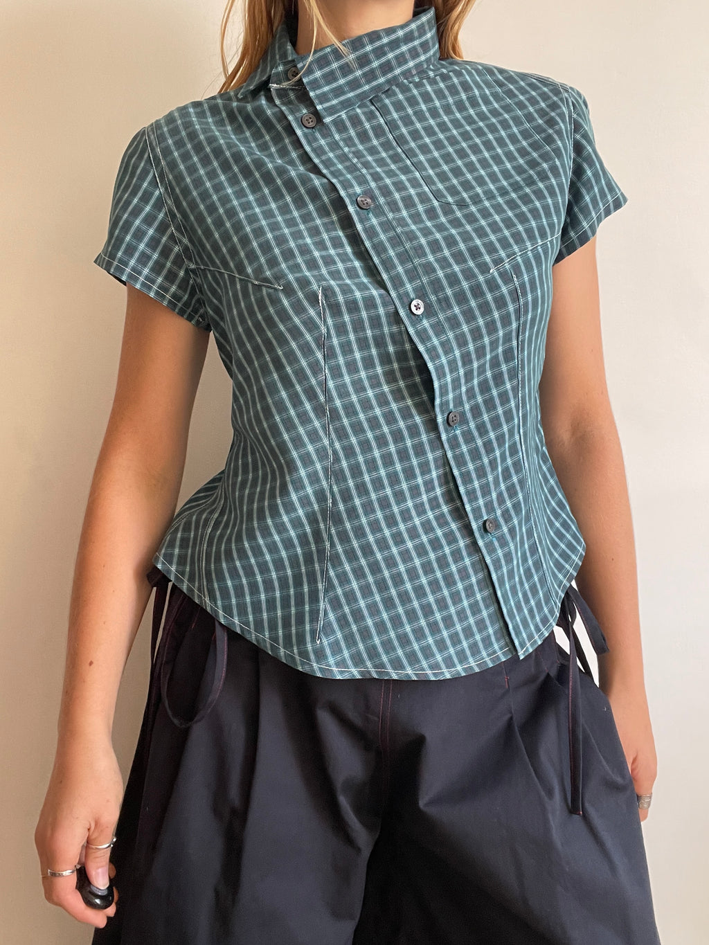 reworked green check asymmetrical button up shirt