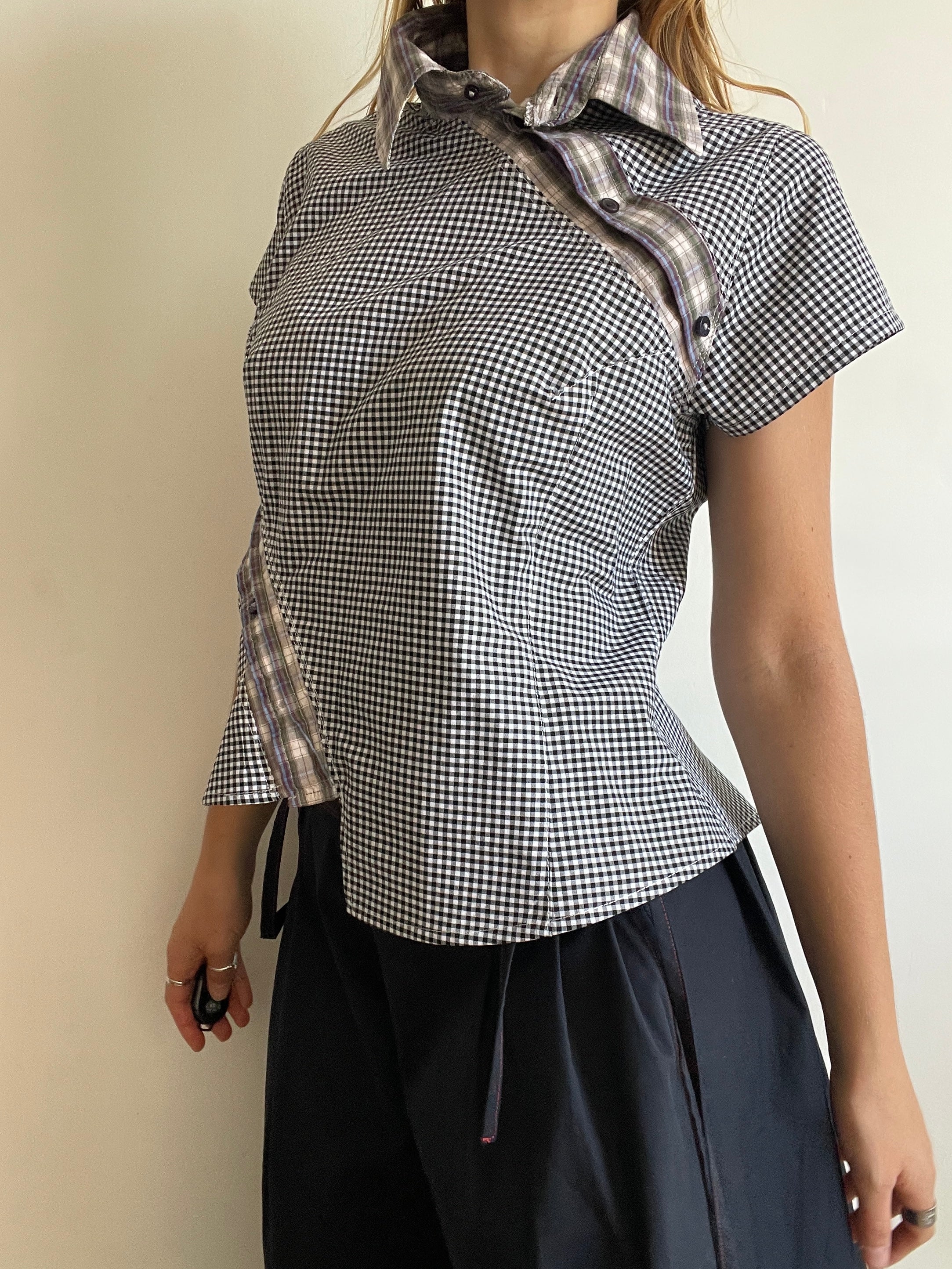reworked double button up asymetrical fitted shirt