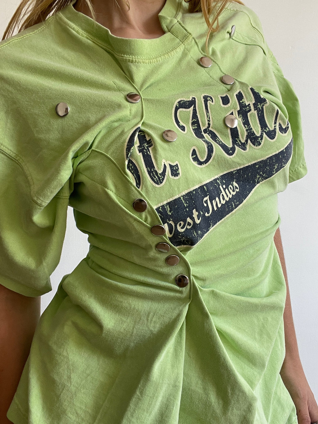reworked gathered graphic tee with stud details