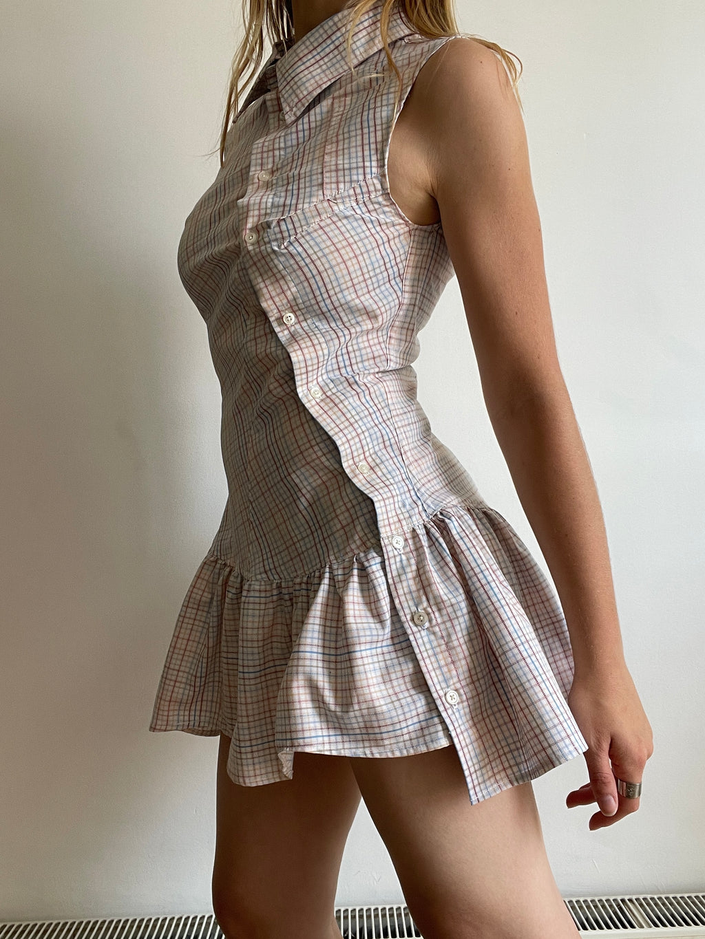 checkered asymmetrical drop waist gathered button up dress