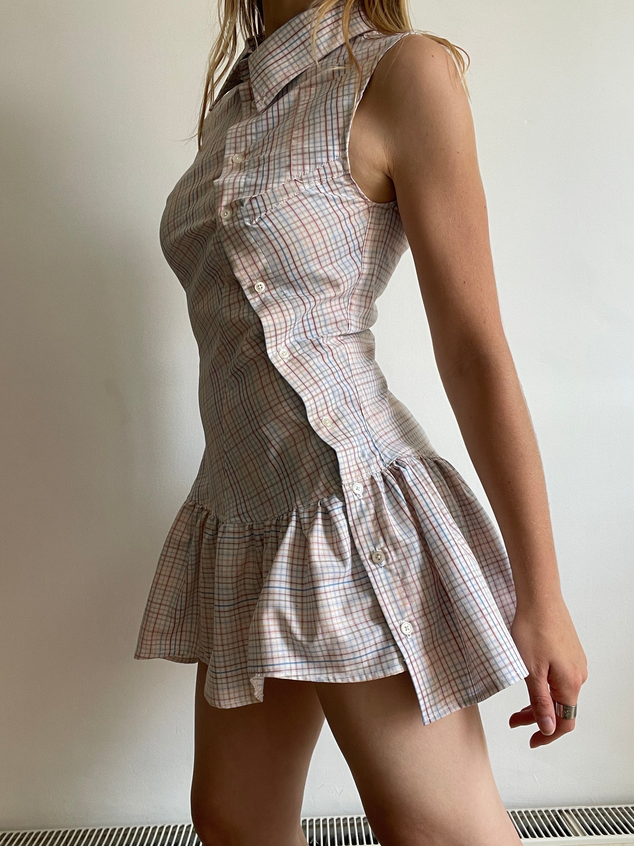checkered asymmetrical drop waist gathered button up dress