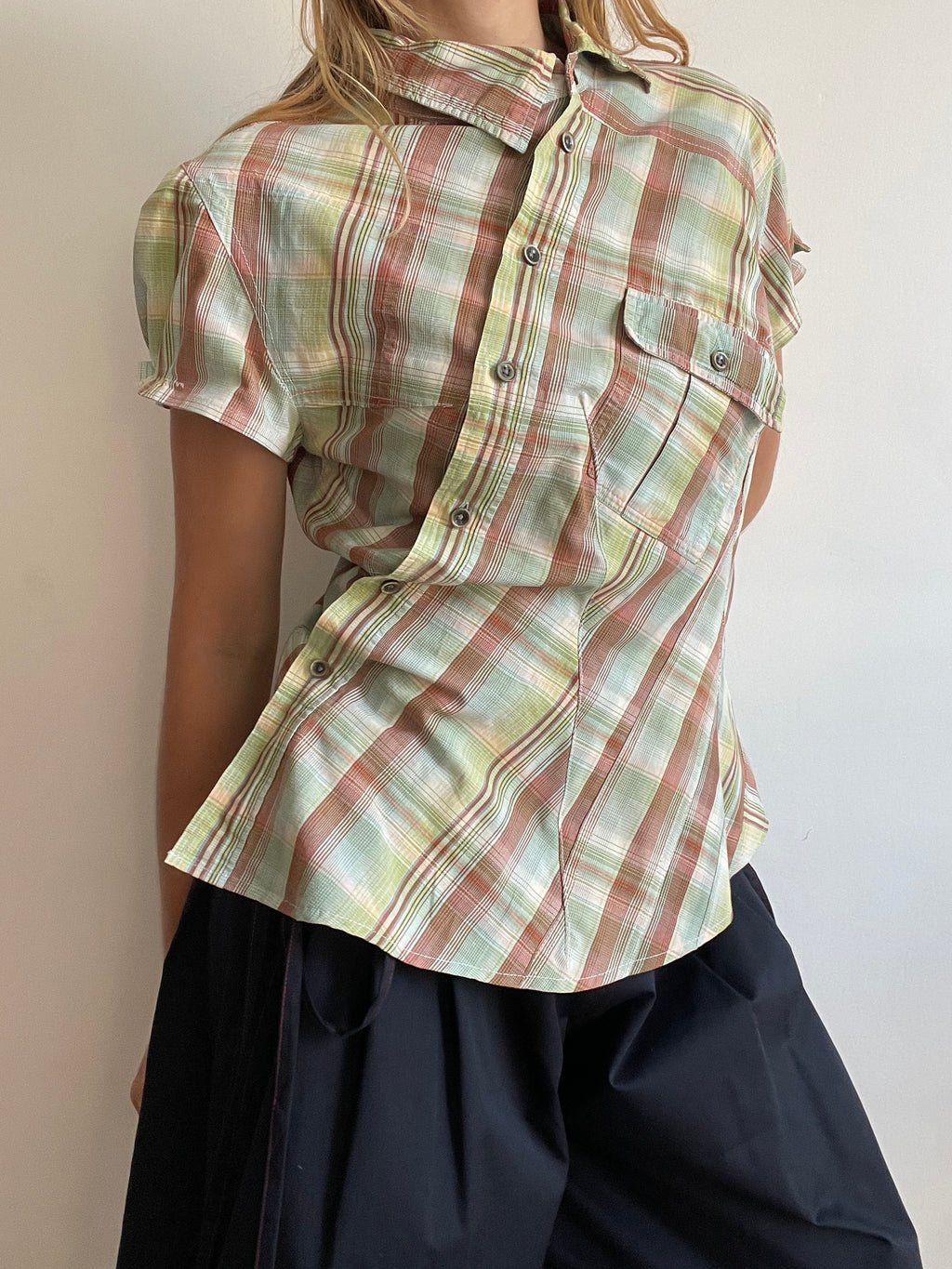 reworked pastel button up asymetrical shirt