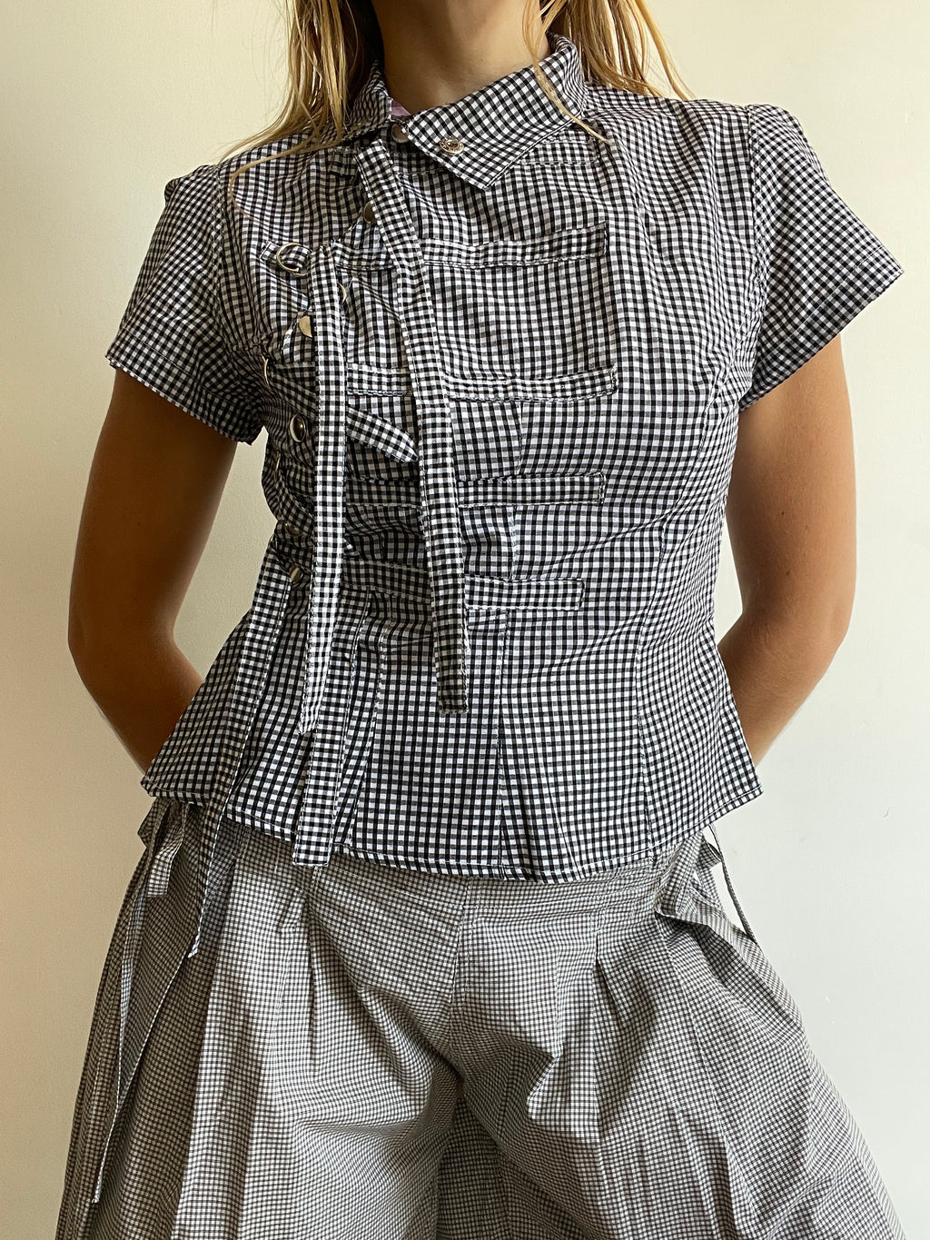 military style buckle asymetrical black gingham shirt