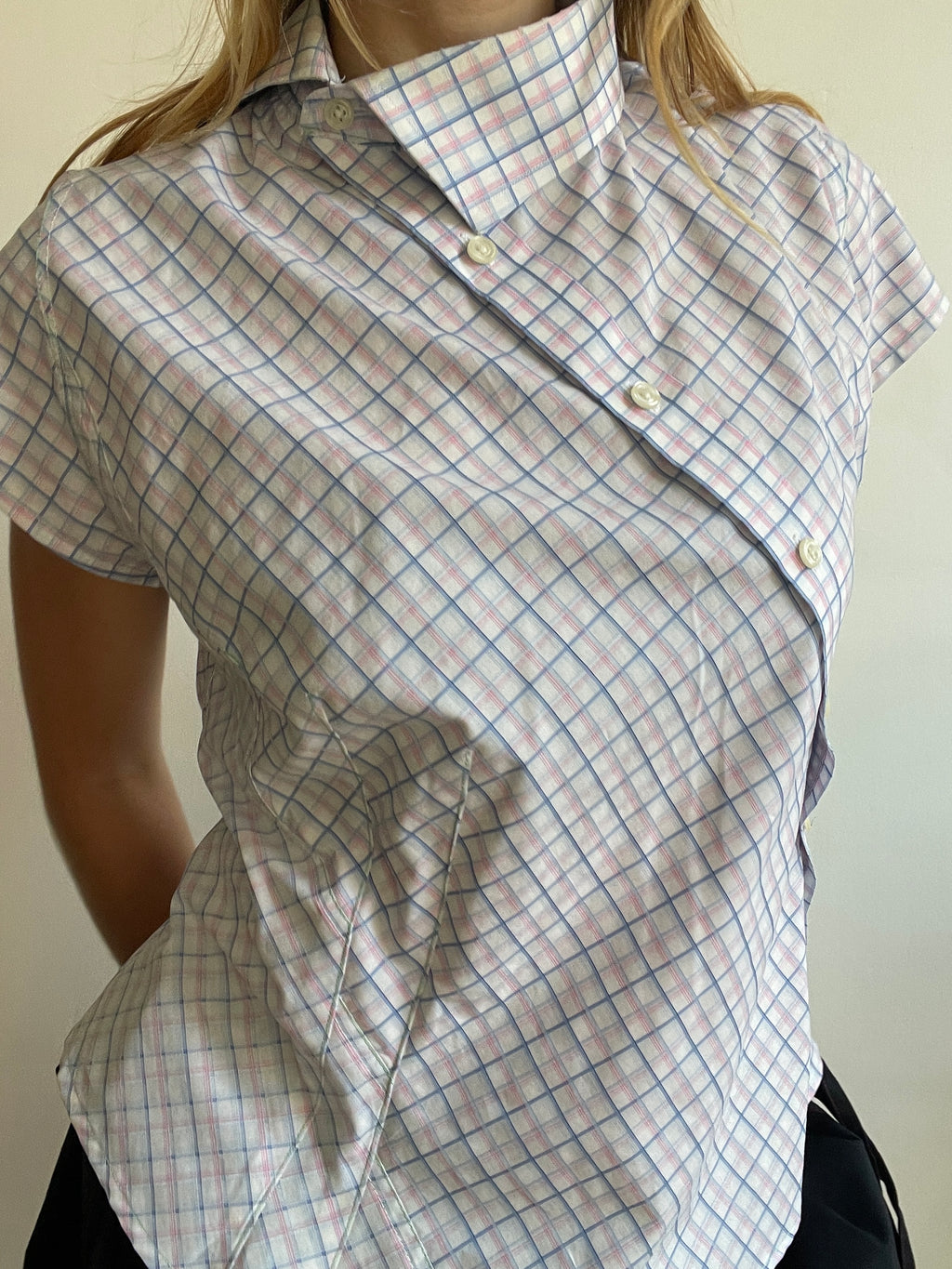 reworked pastel button up asymetrical shirt