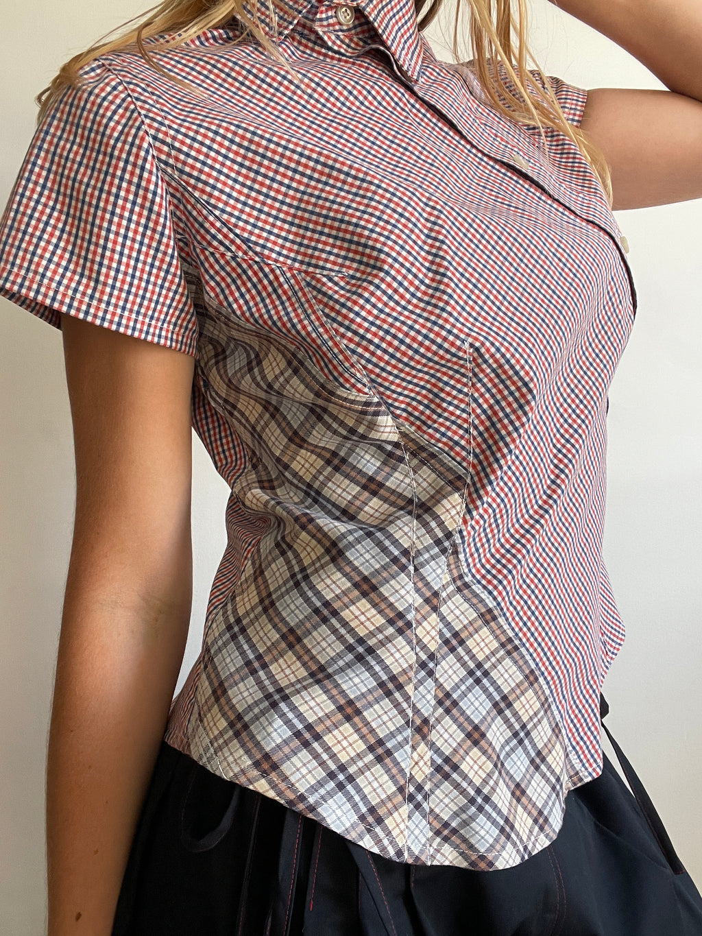 reworked patchwork gingham check blouse