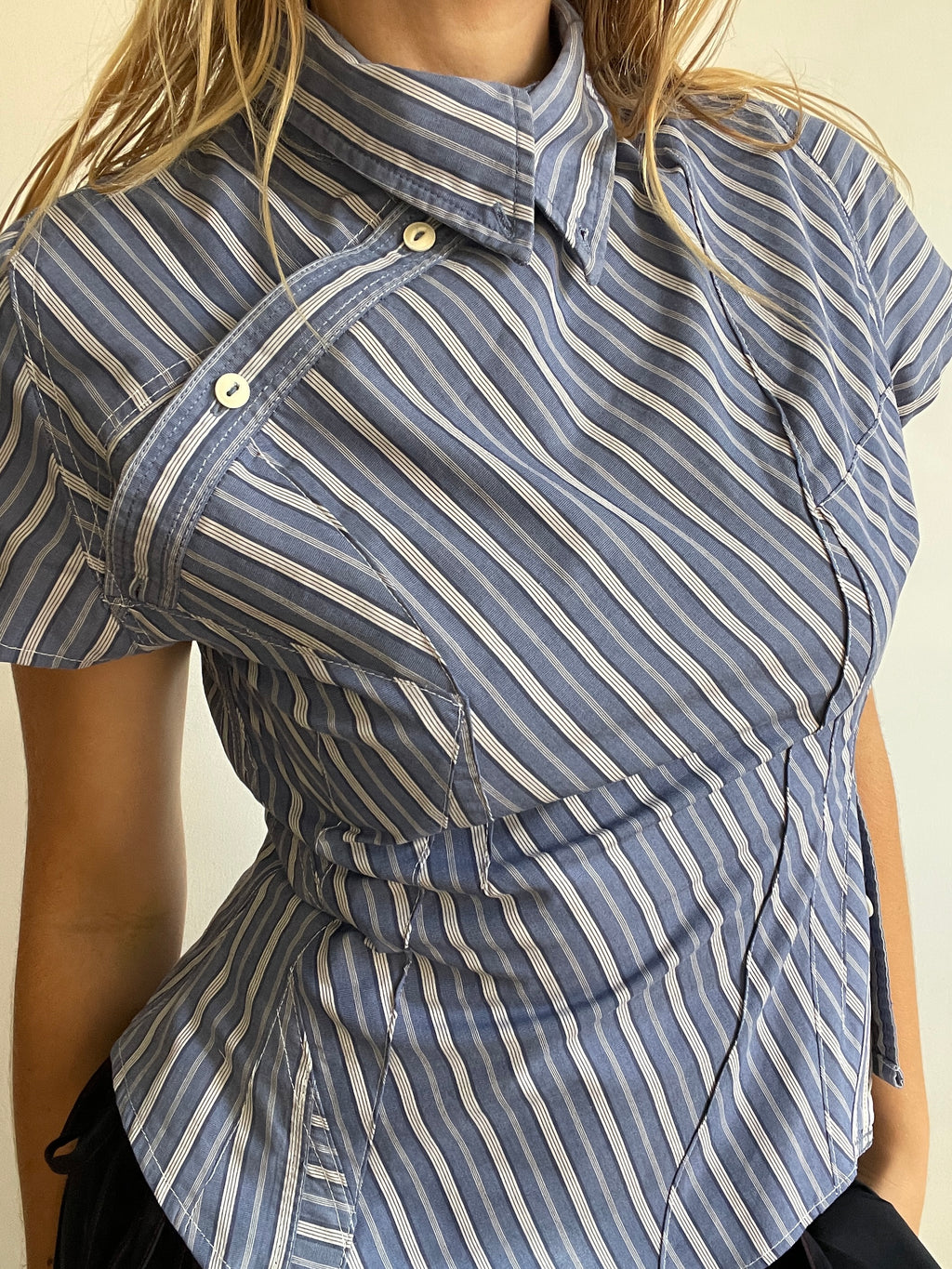 reworked striped double button up asymetrical fitted shirt