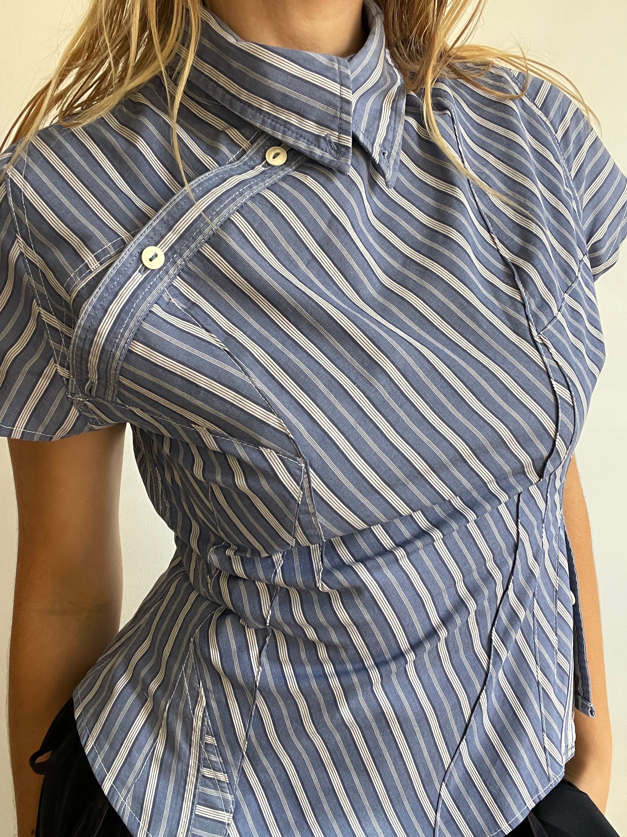 reworked striped double button up asymetrical fitted shirt