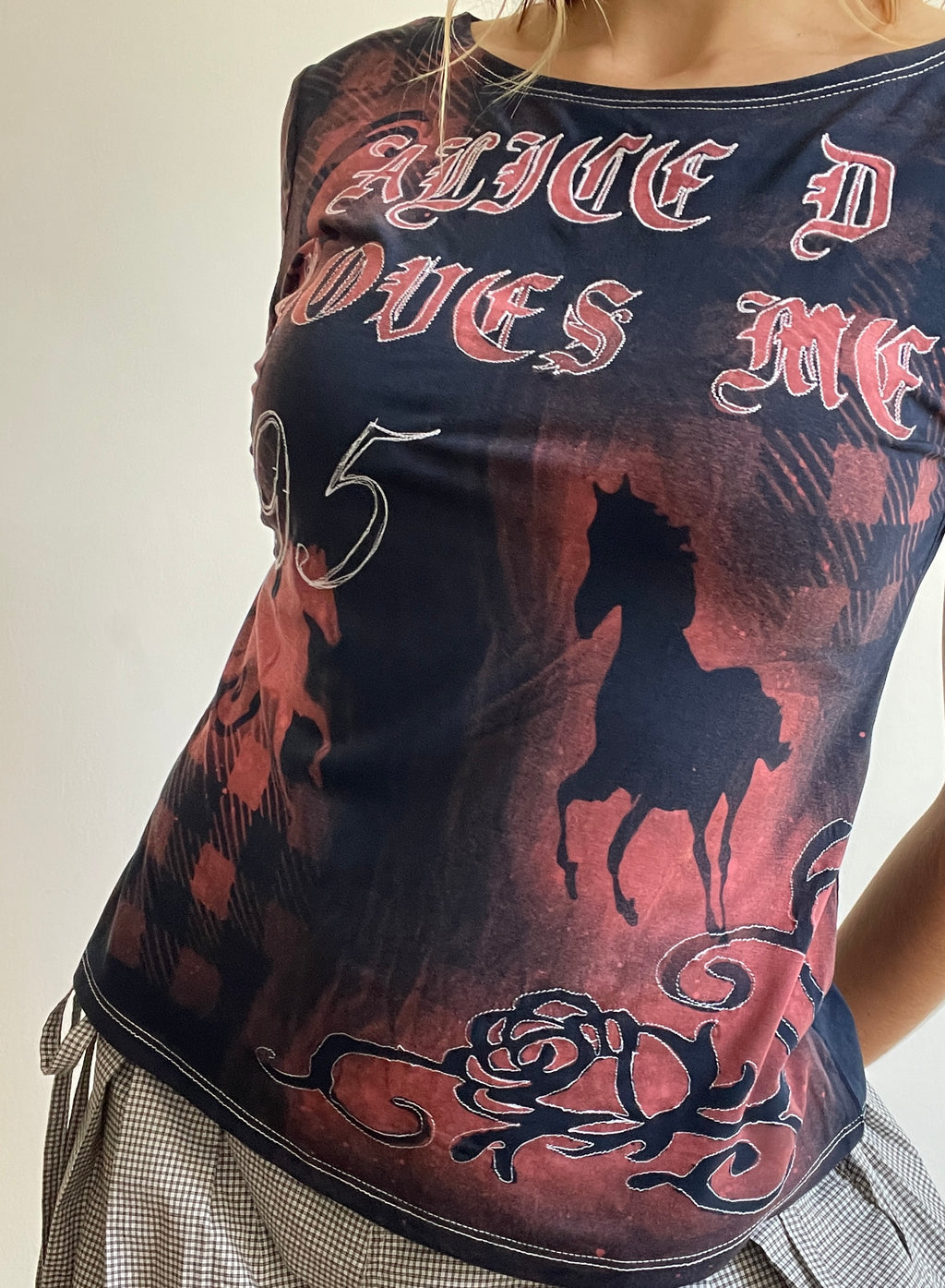 handmade bleach stencil embroidered horse baby tee