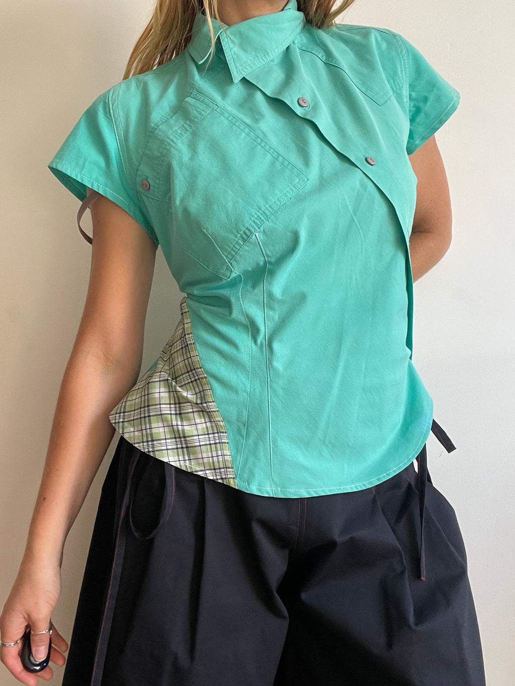reworked mint patchwork asymmetrical blouse