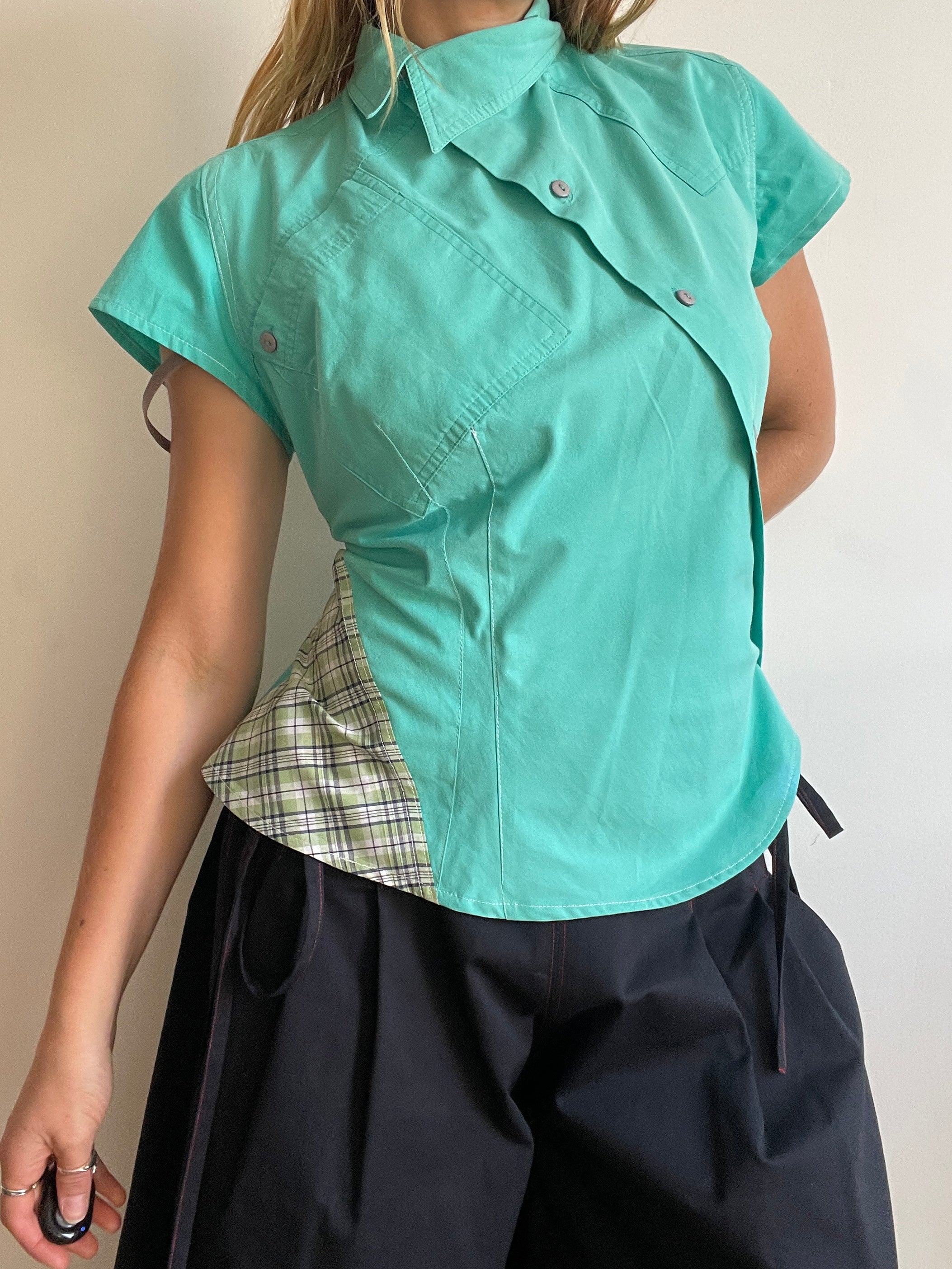 reworked mint patchwork asymmetrical blouse
