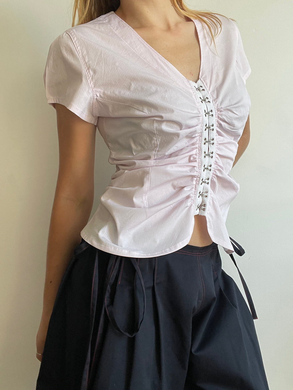 handmade ruched hook and eye pink pinstripe blouse