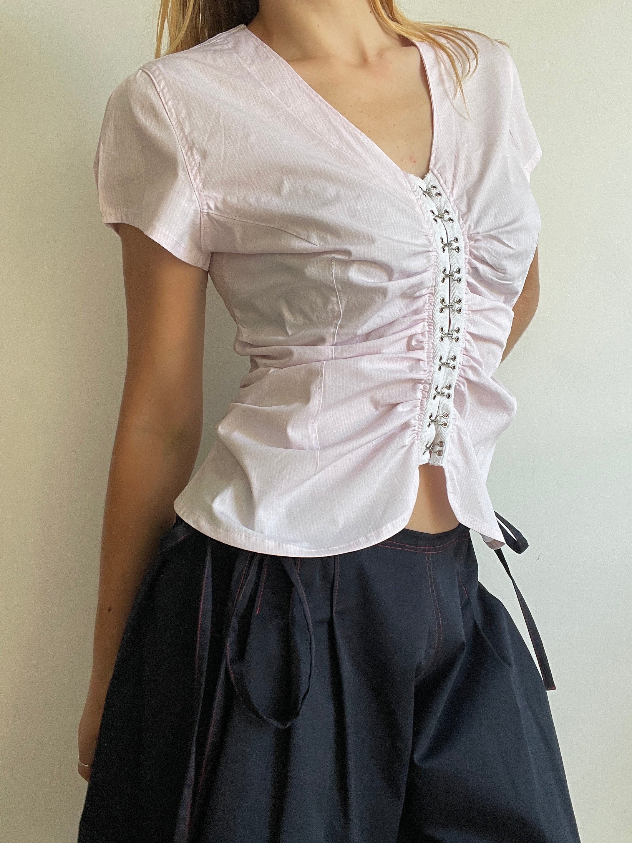 handmade ruched hook and eye pink pinstripe blouse
