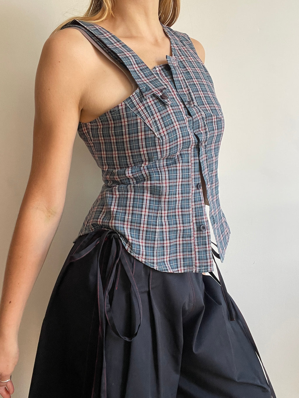 reworked one shoulder check button up tank with removable collar strap