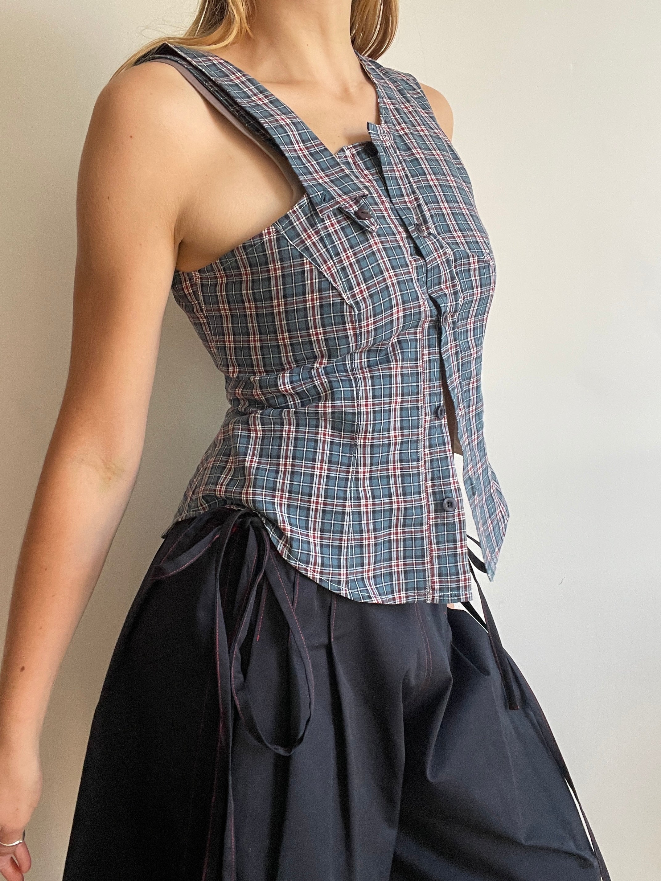 reworked one shoulder check button up tank with removable collar strap