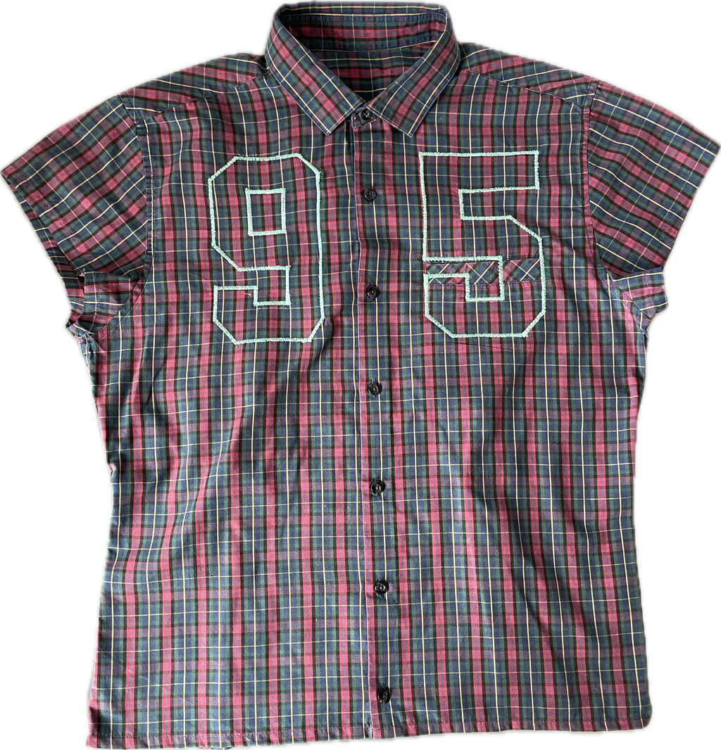 reworked sports number embroidered tartan shirt