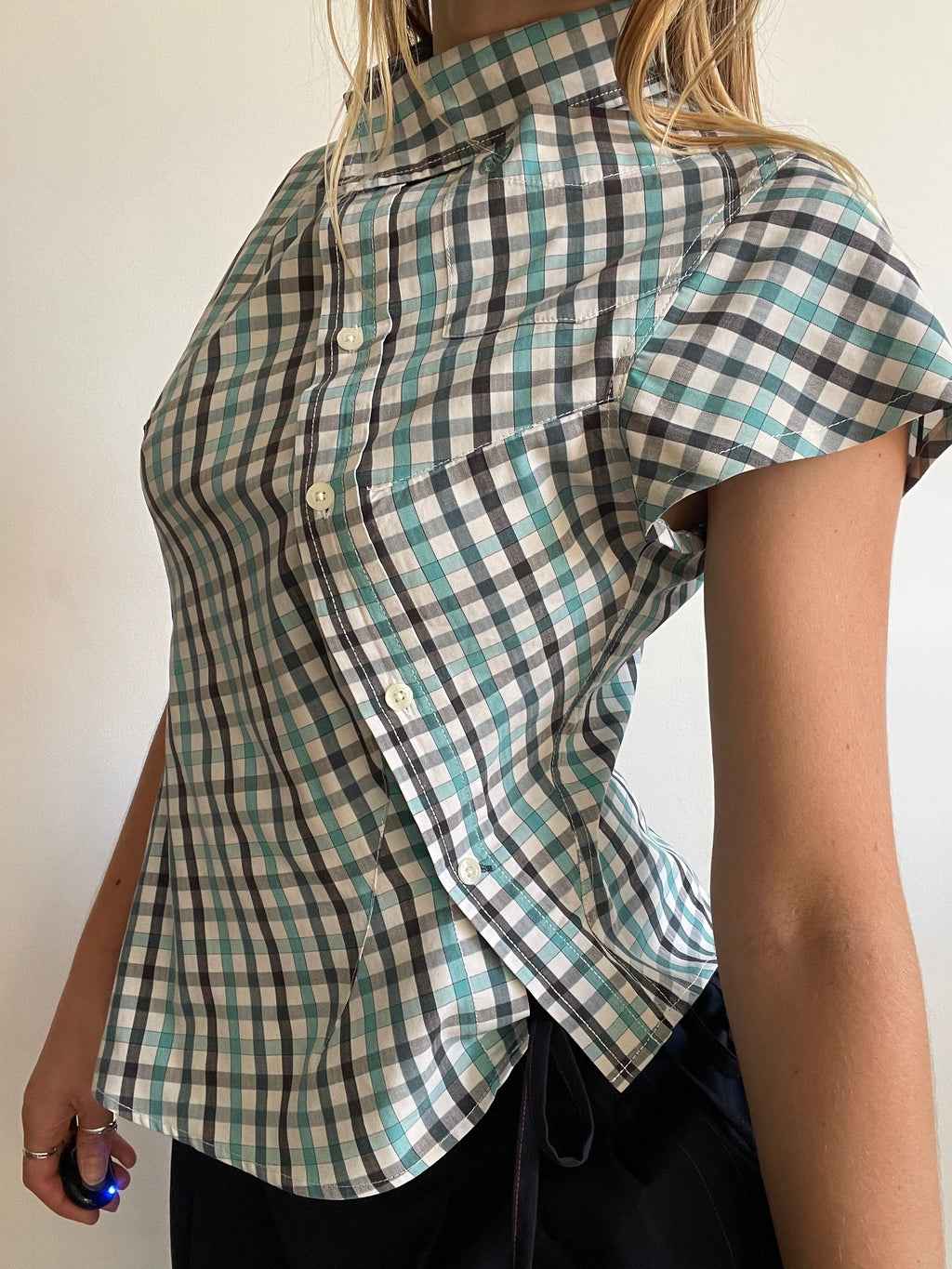 reworked blue black check fitted blouse