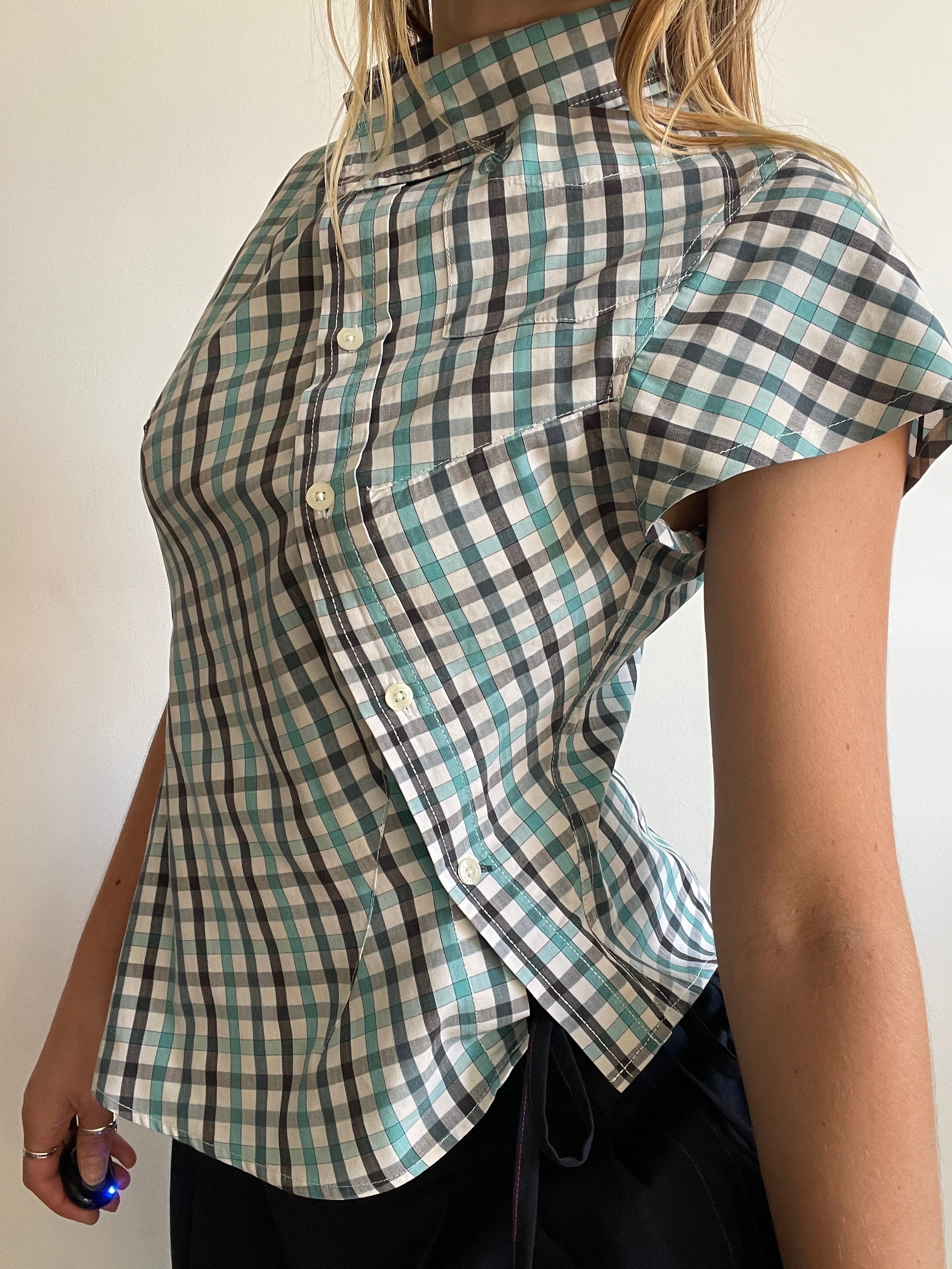reworked blue black check fitted blouse