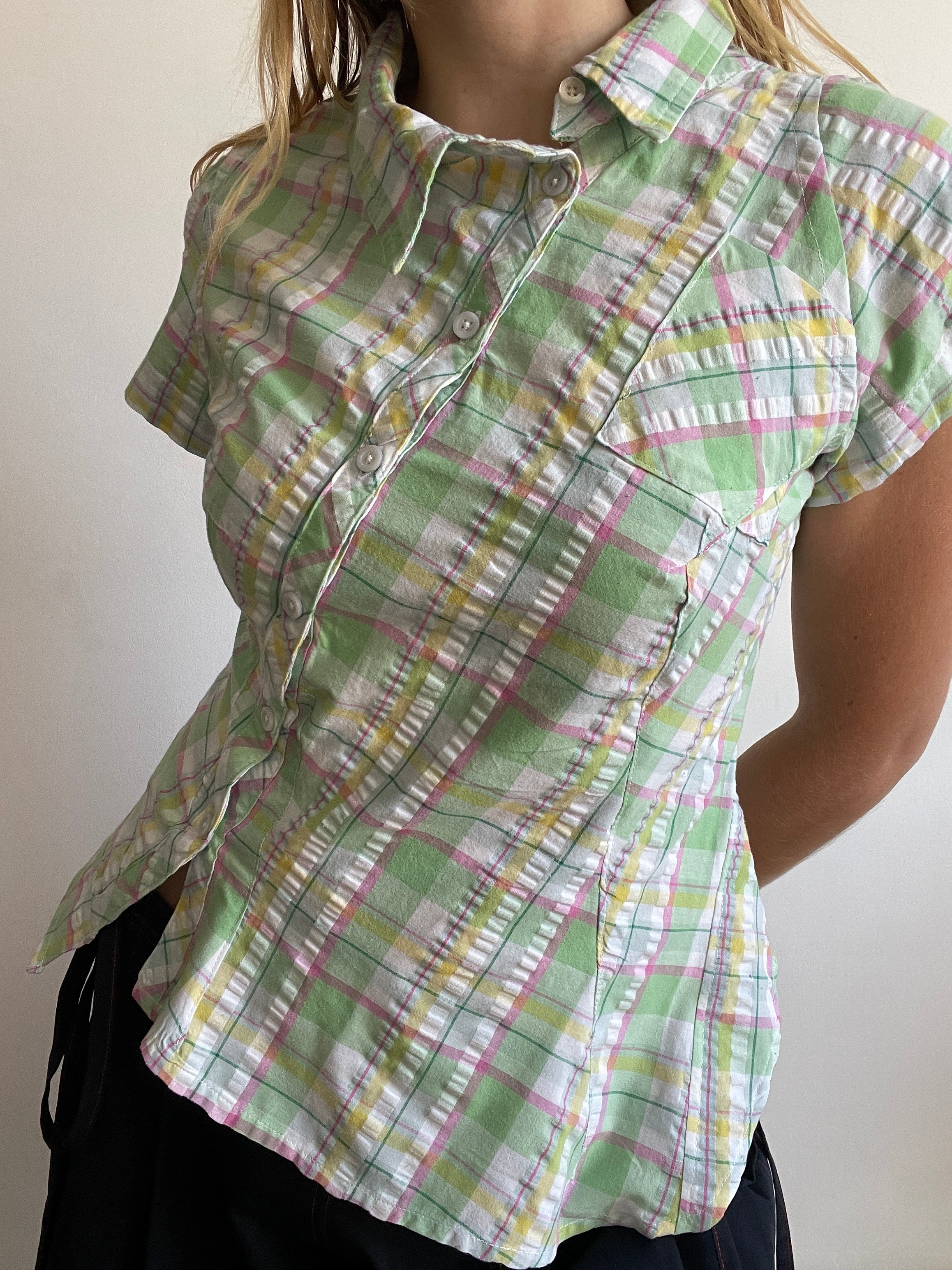 reworked seersucker tartan green pink fitted asymetrical shirt