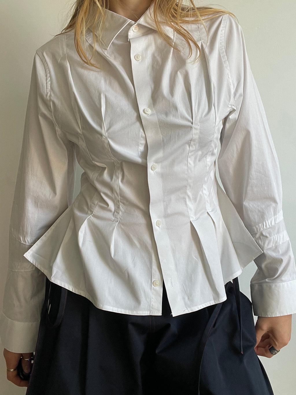 reworked white office pleated long sleeve shirt
