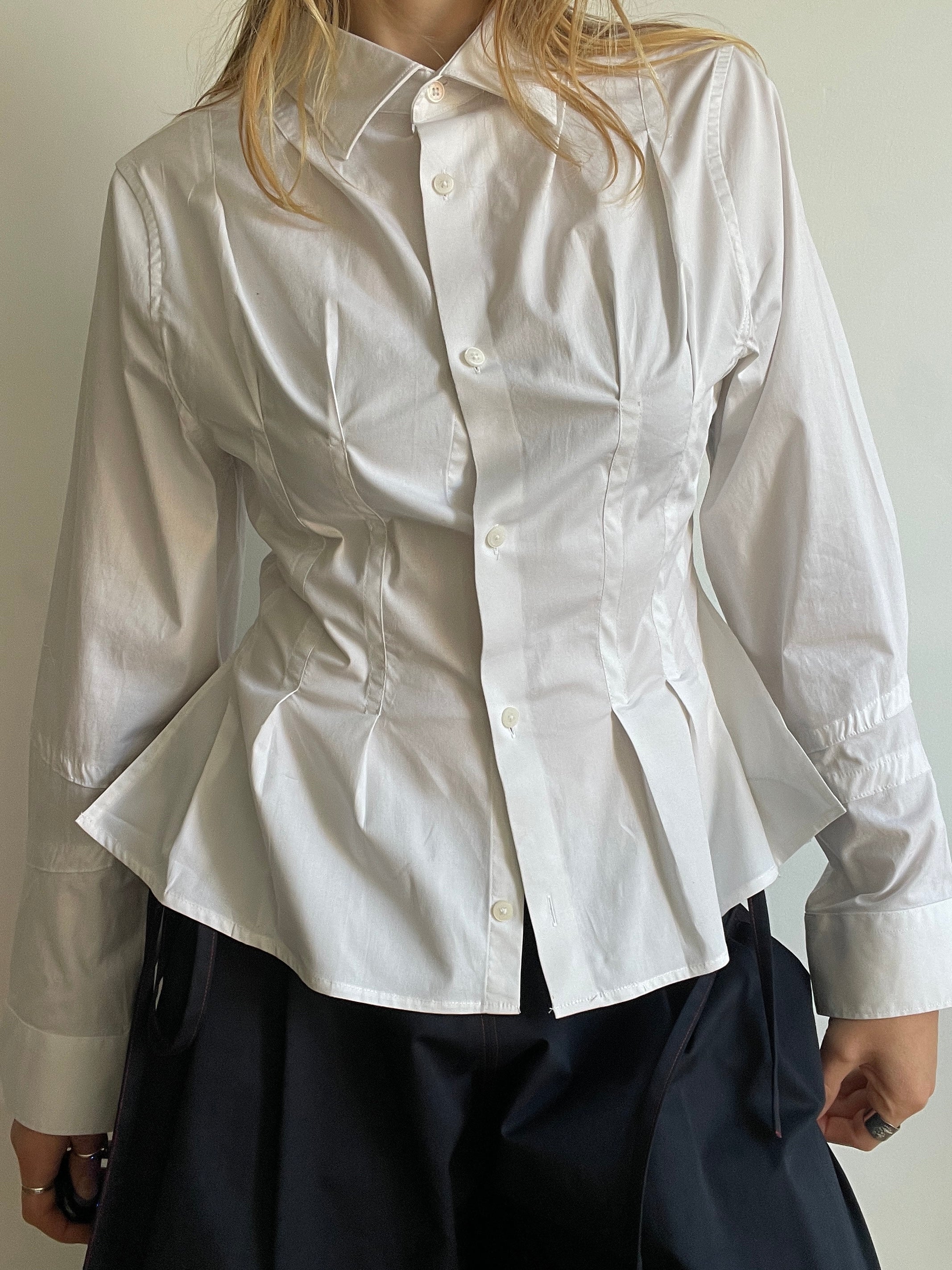 reworked white office pleated long sleeve shirt