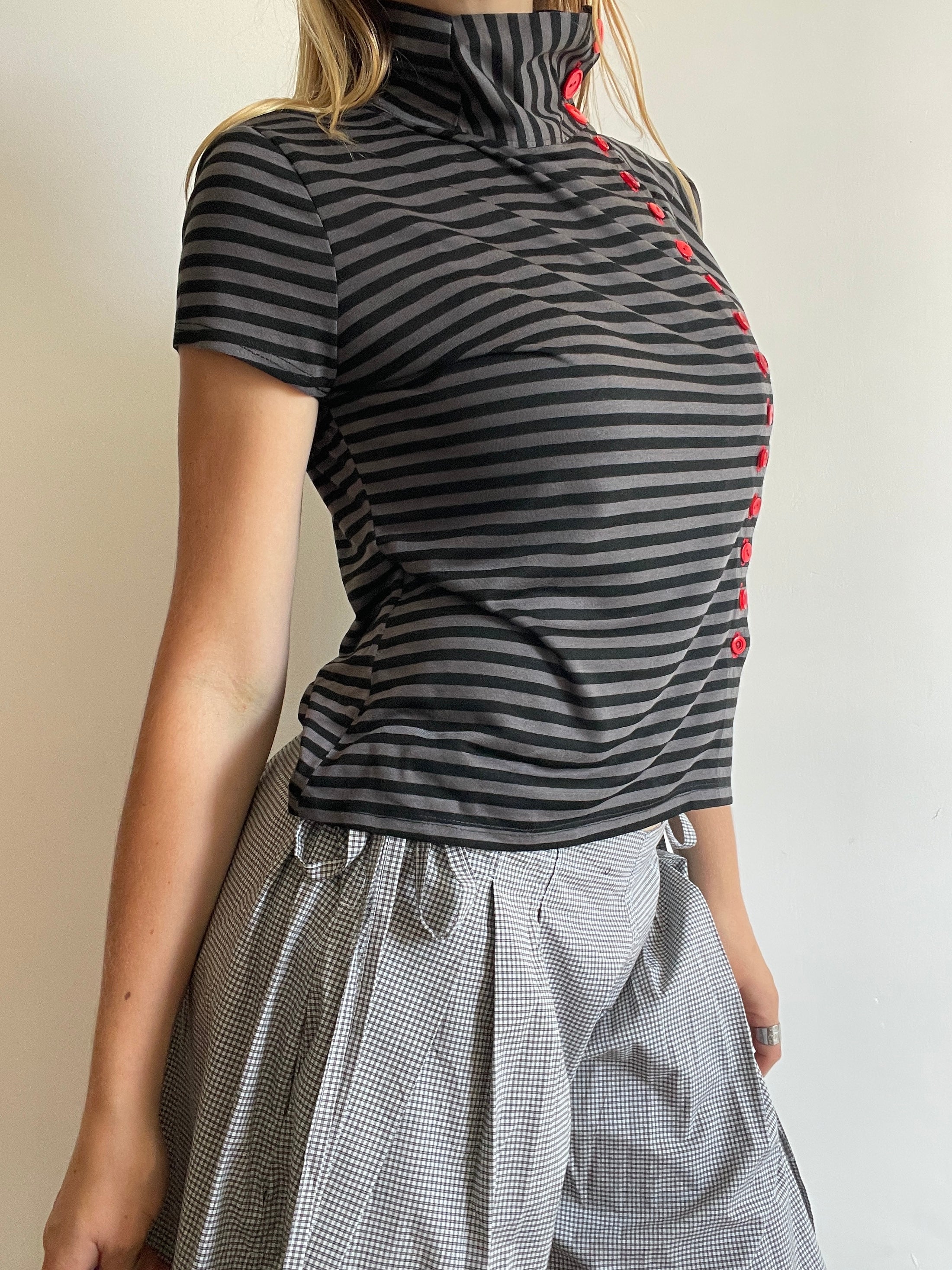 handmade grey stripe button up asymmetrical t shirt