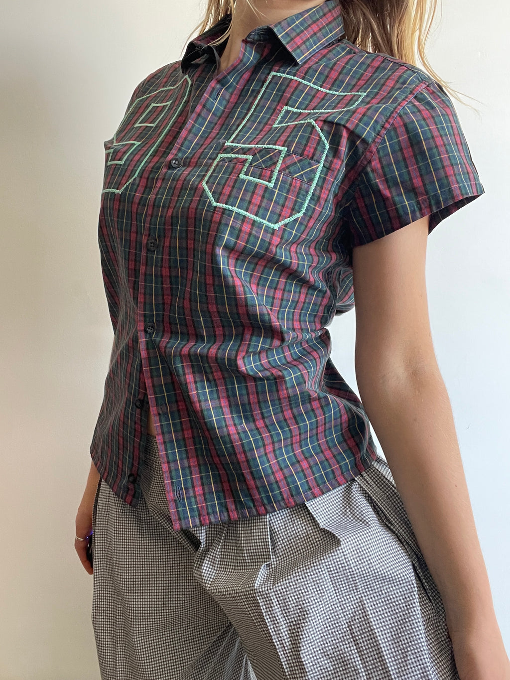 reworked sports number embroidered tartan shirt