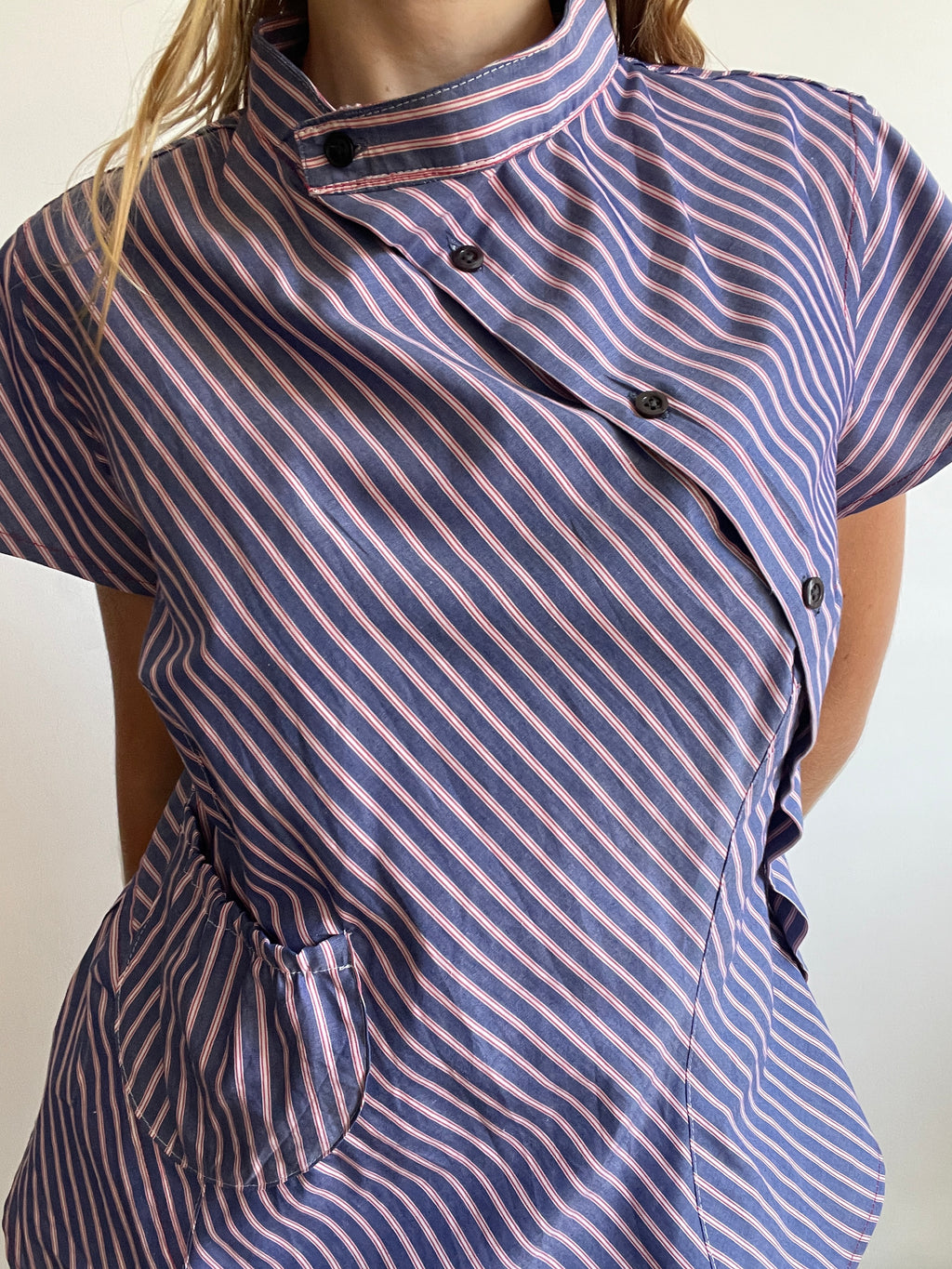 reworked striped pocket button up asymetrical shirt