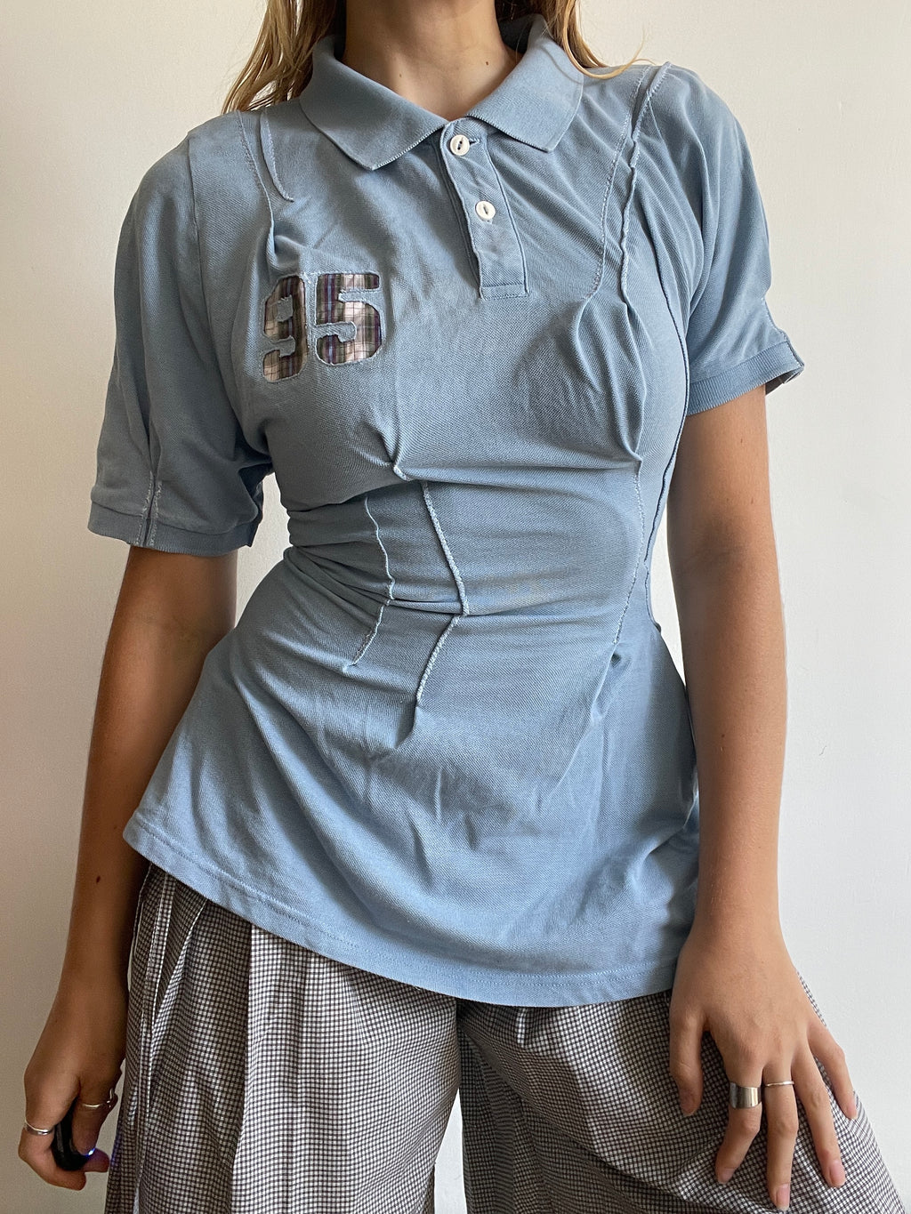 reworked baby blue sports number fitted polo shirt