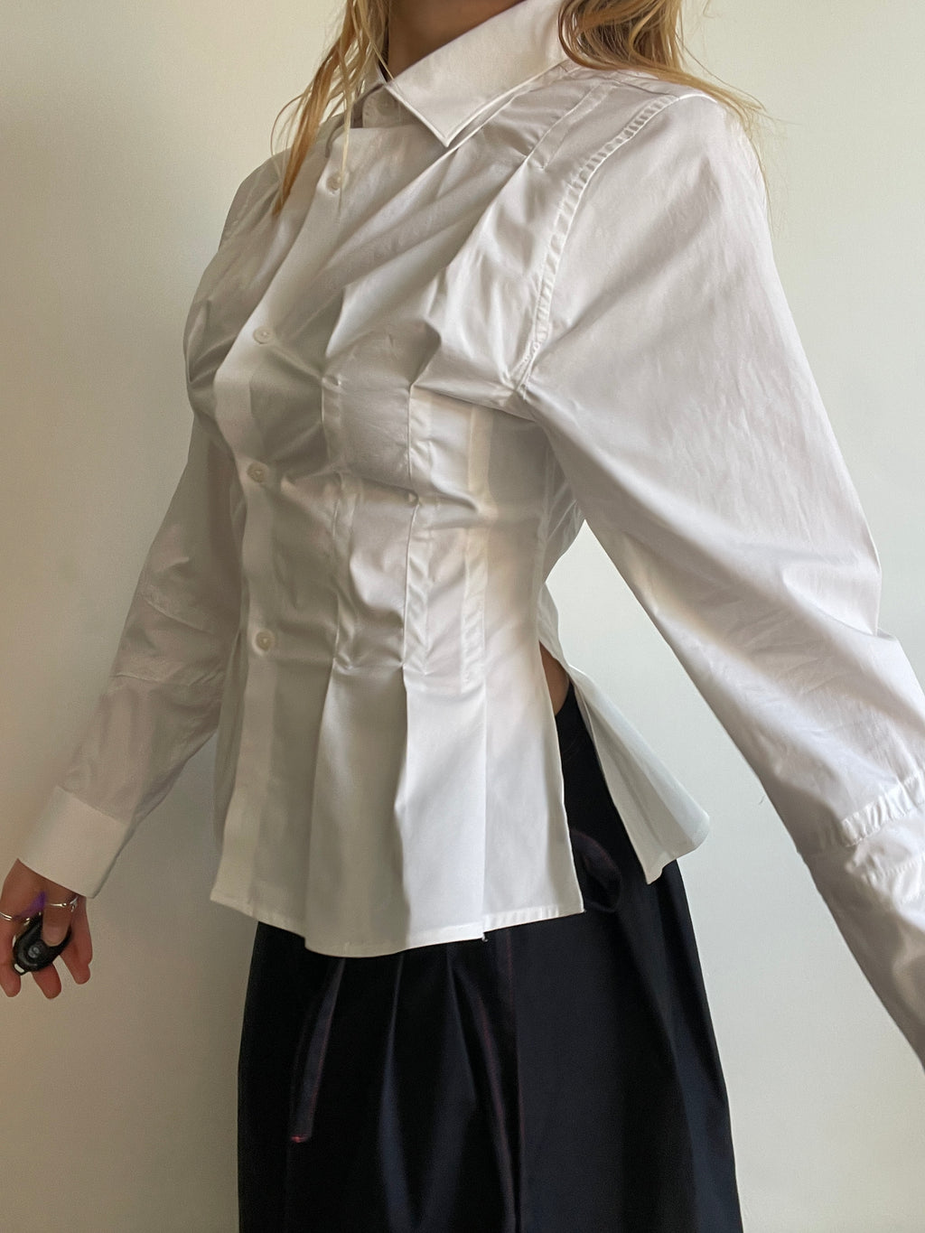 reworked white office pleated long sleeve shirt