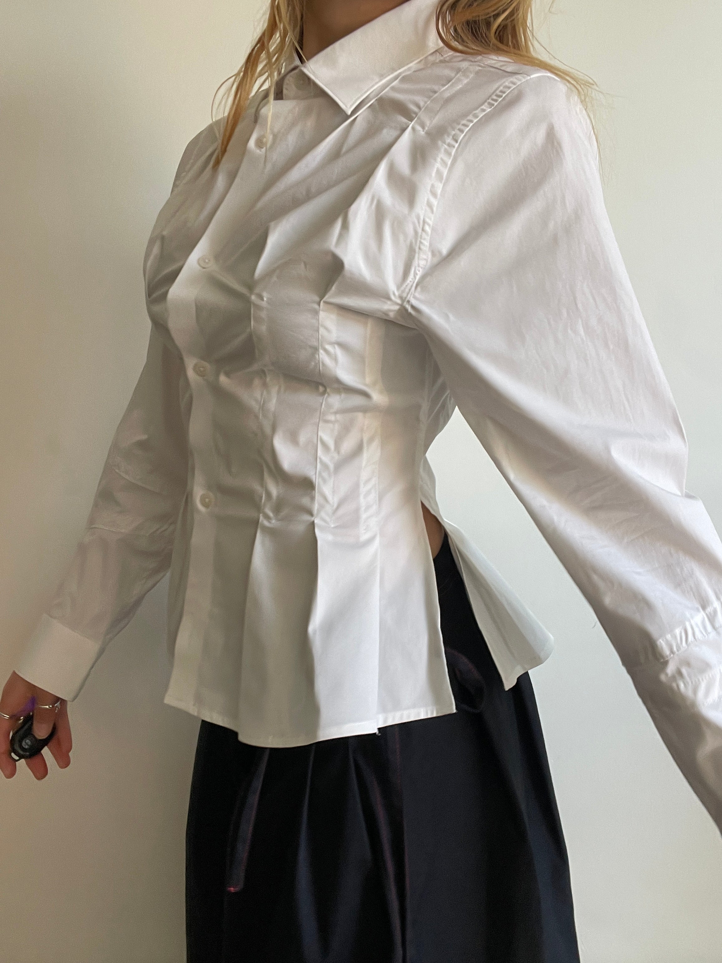 reworked white office pleated long sleeve shirt