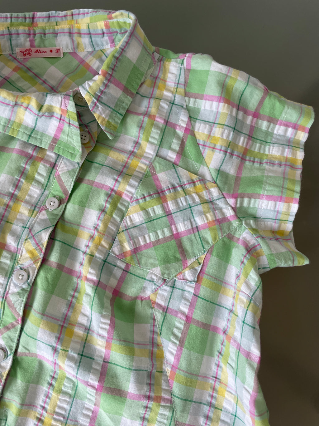 reworked seersucker tartan green pink fitted asymetrical shirt