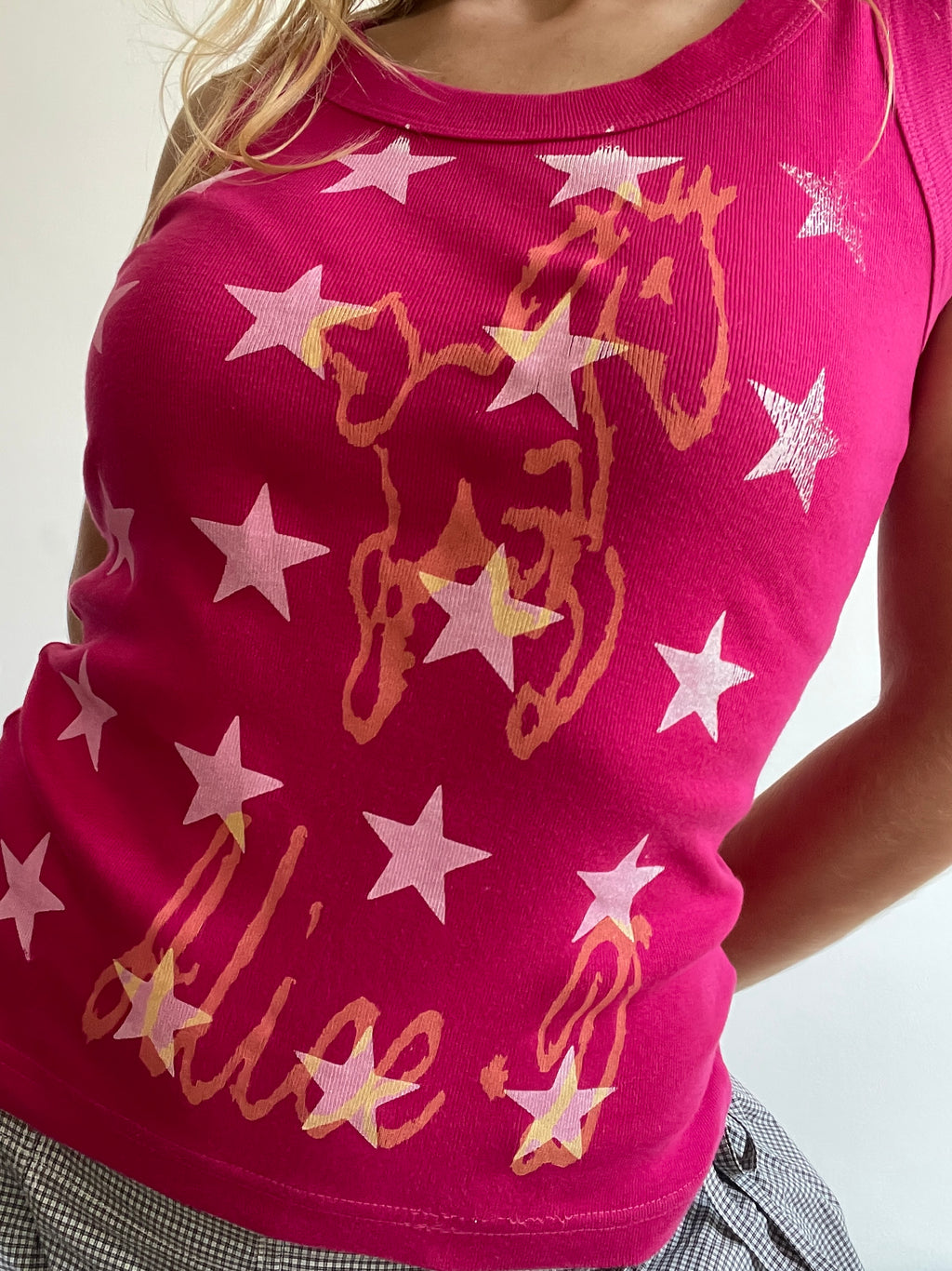 handmade screen printed star horse graphic tank top in pink