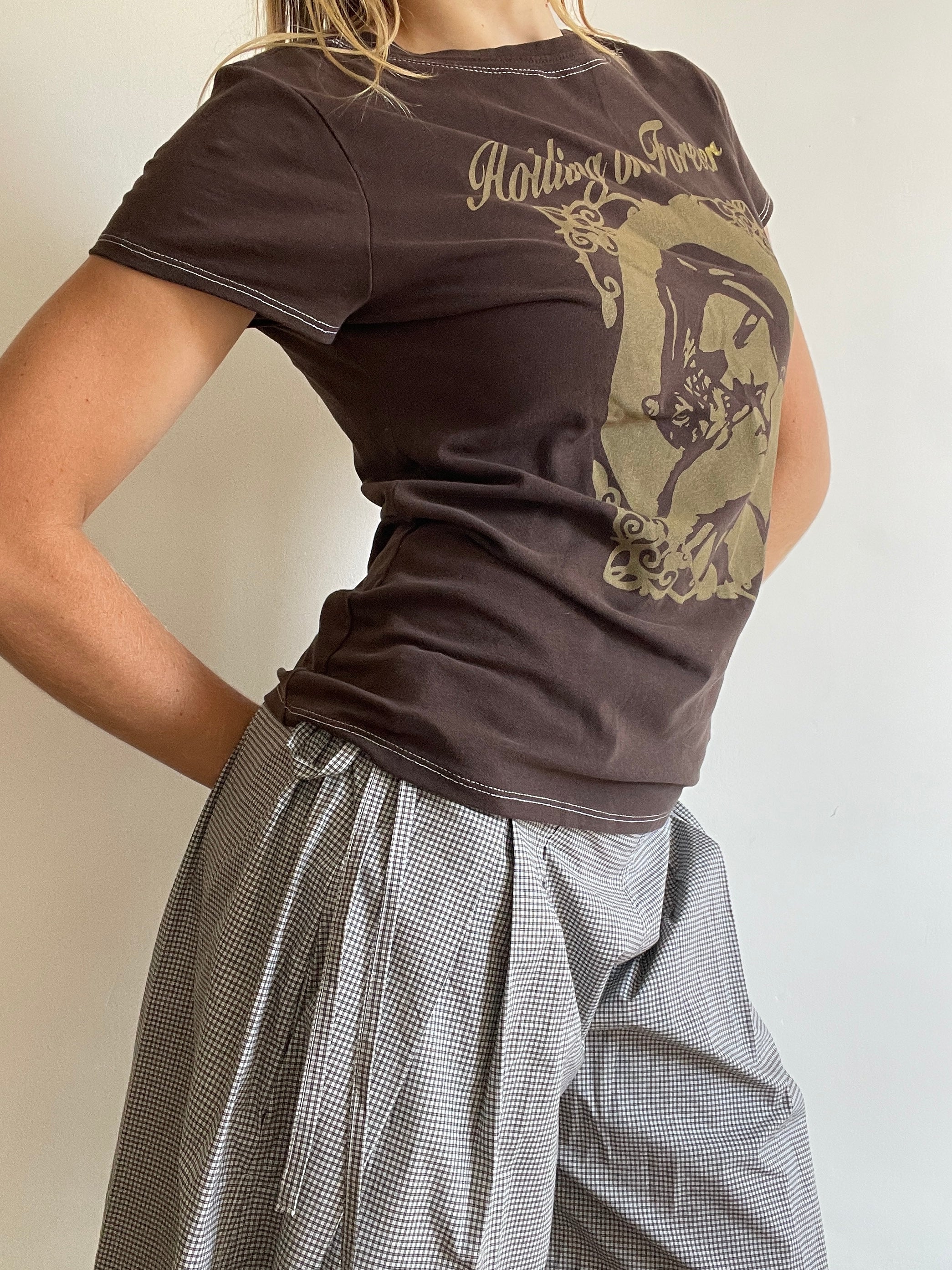 handmade brown and gold holding on forever baby tee
