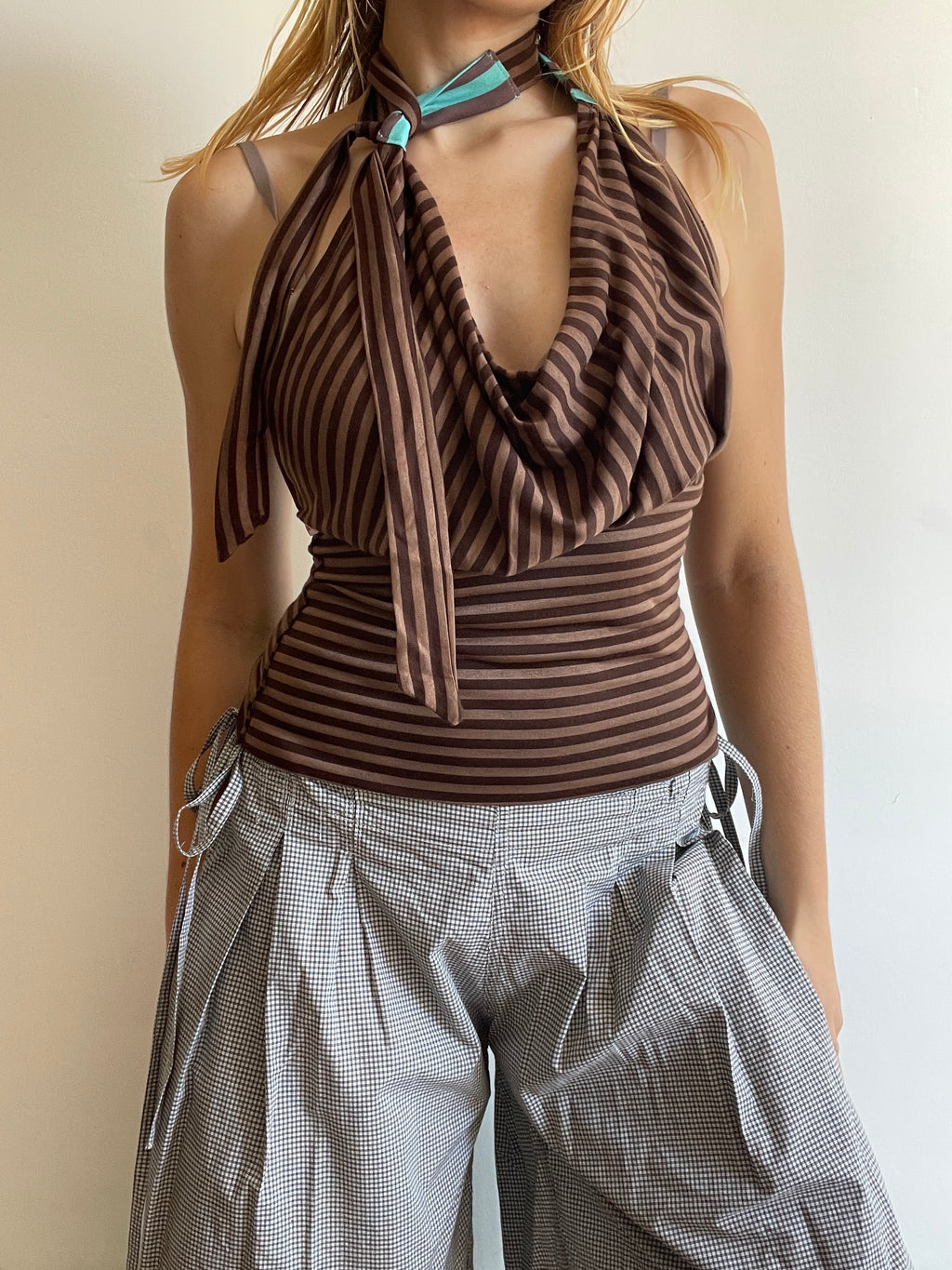 handmade brown stripe halterneck/ cowl neck with adjustable neck tie